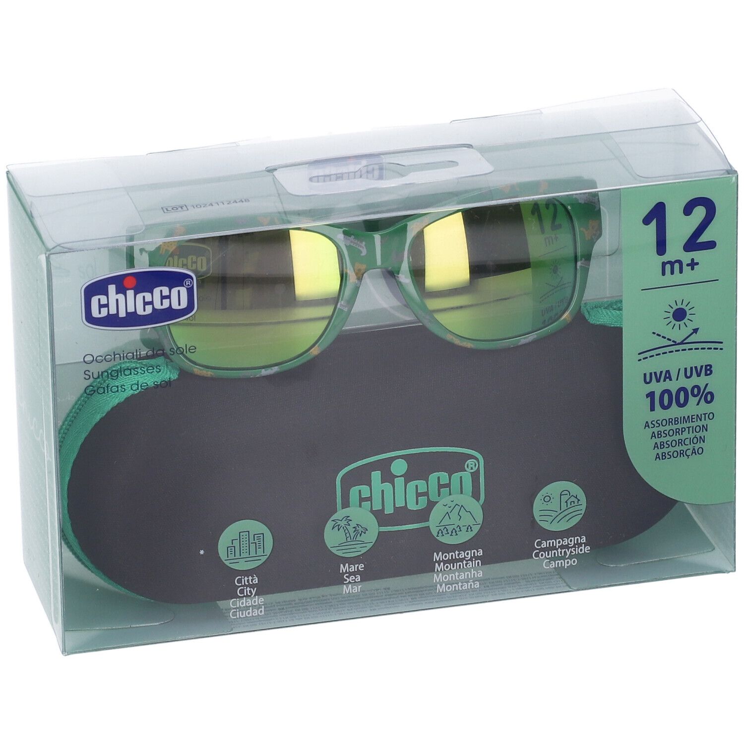 Occhiali da sole con montatura verde e lenti a specchio in confezione trasparente. Marchio "Chicco" visibile.