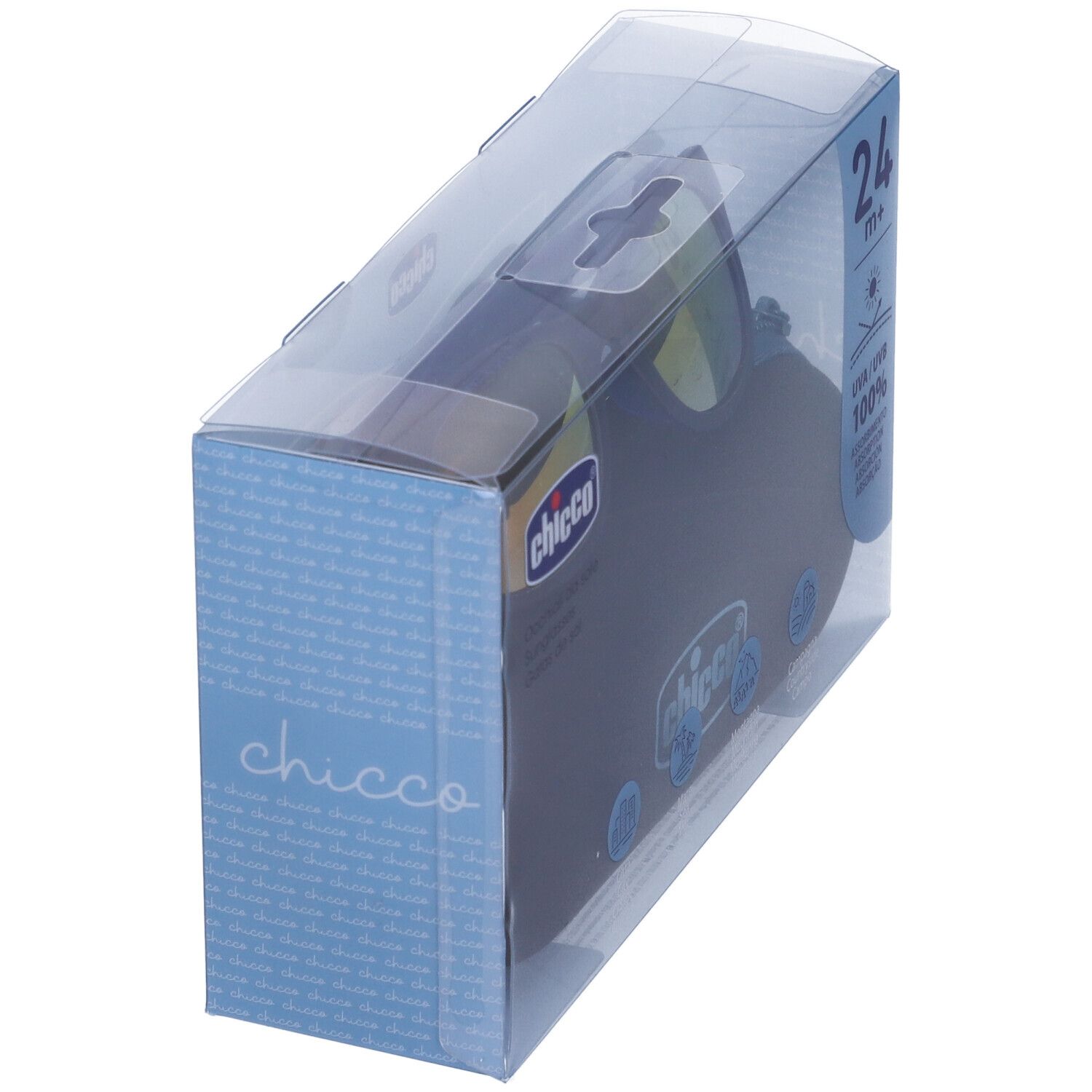 Confezione con occhiali da sole blu e custodia. È visibile il marchio "Chicco".