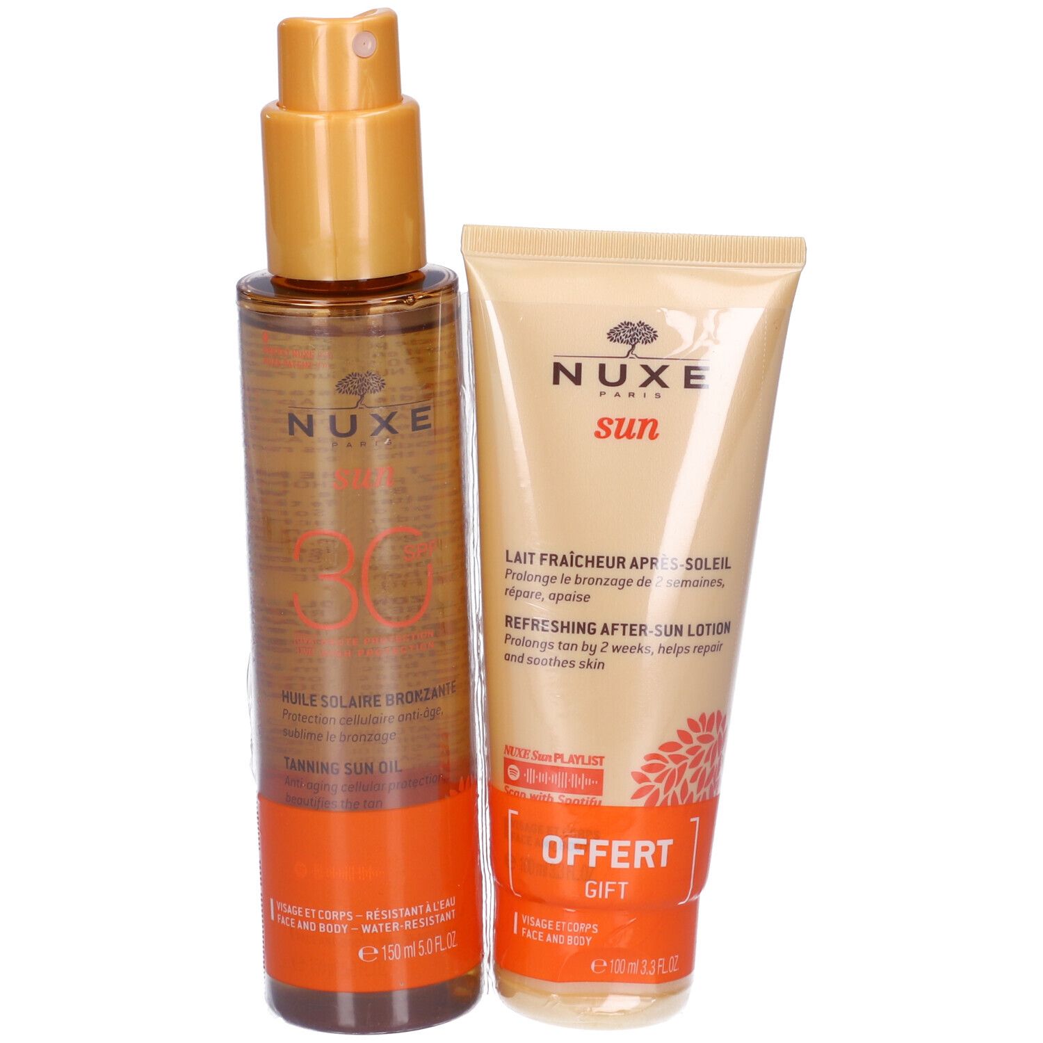 NUXE SUN Duo Olio Solare abbronzante ad Alta Protezione SPF30 per Viso e Corpo + Latte Fresco Doposole 100ml per Viso e Corpo