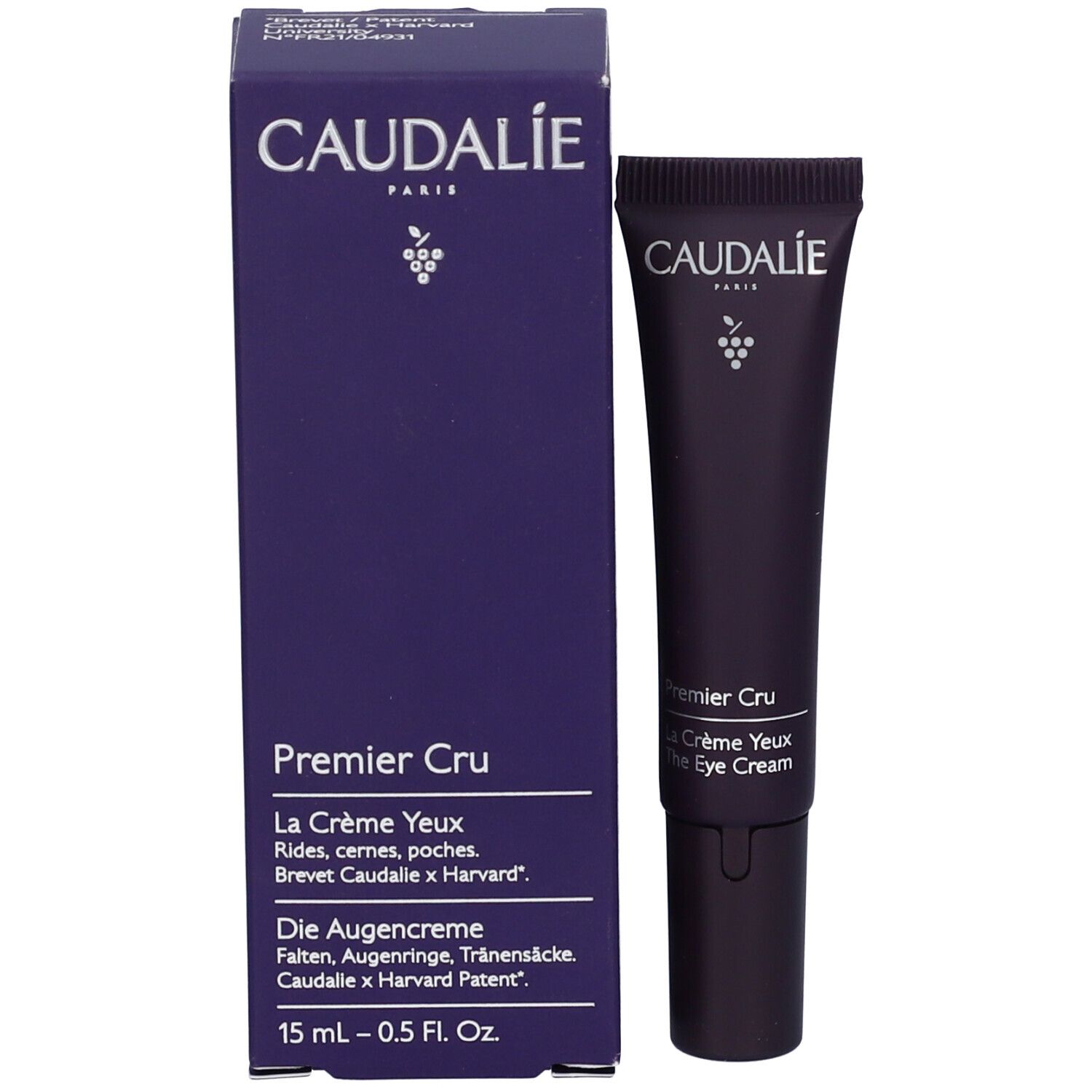 Caudalie Premier Cru La Crème Yeux Tube und Schachtel. Violett, weißer Schriftzug. 15 ml.