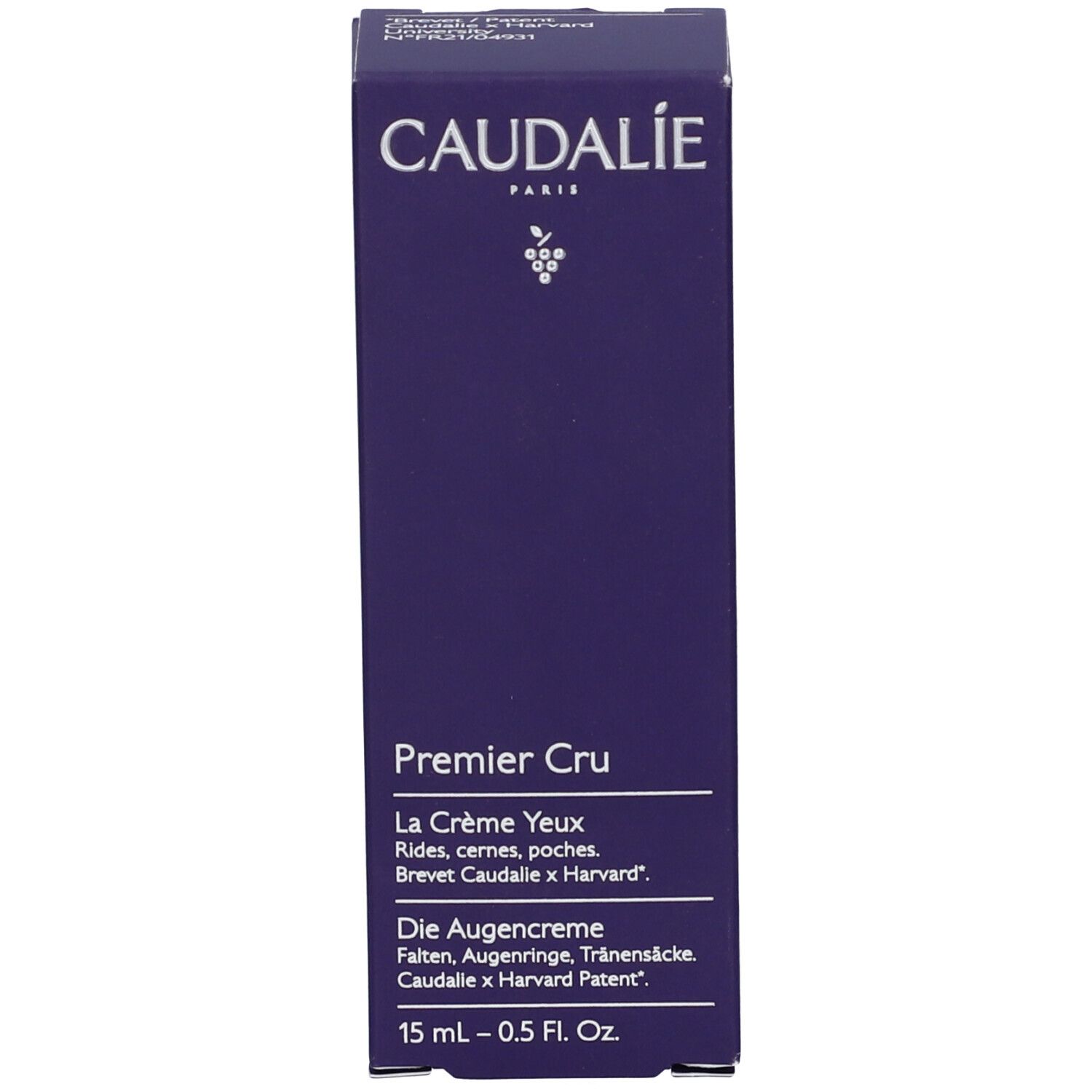 Caudalie Premier Cru La Crème Yeux Schachtel. Violett, weißer Schriftzug. 15 ml.