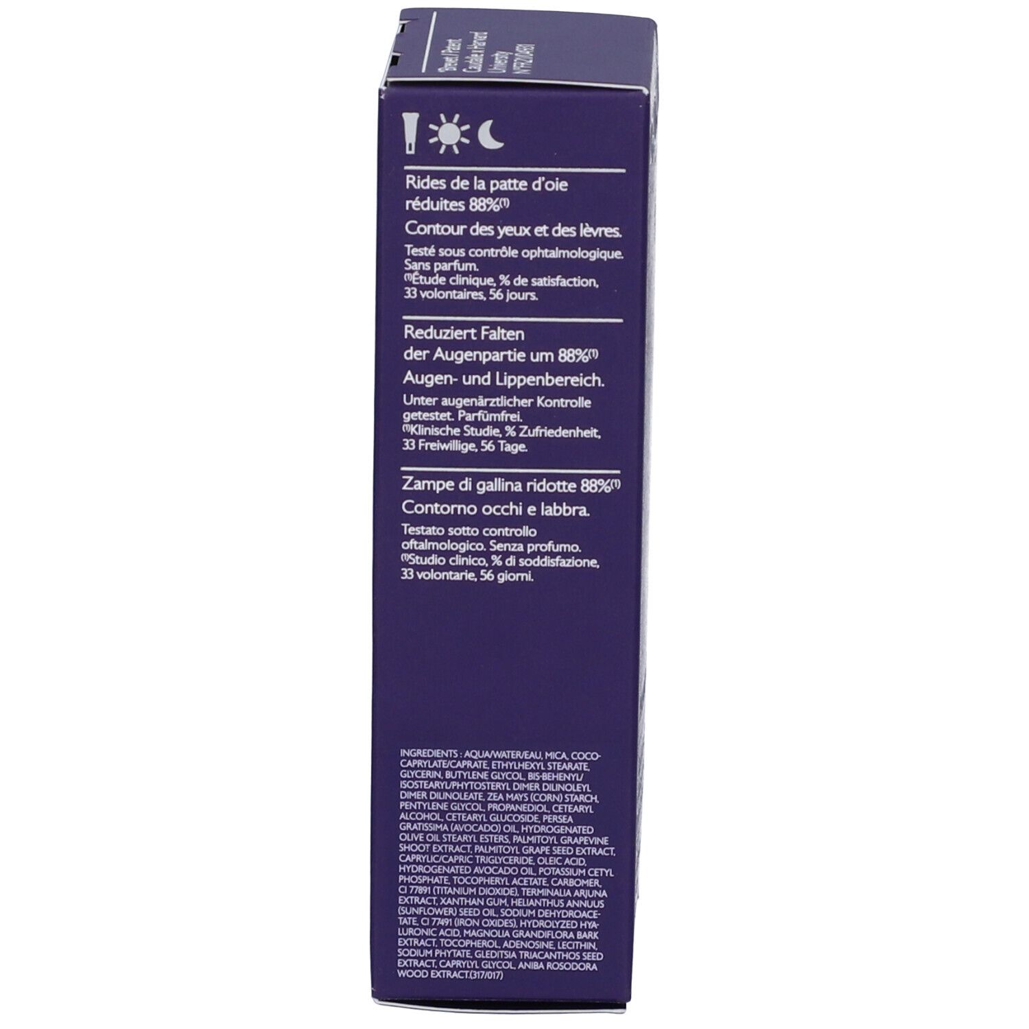 Caudalie Premier Cru La Crème Yeux Schachtel. Text, Piktogramme. Inhaltsstoffe. Violett.