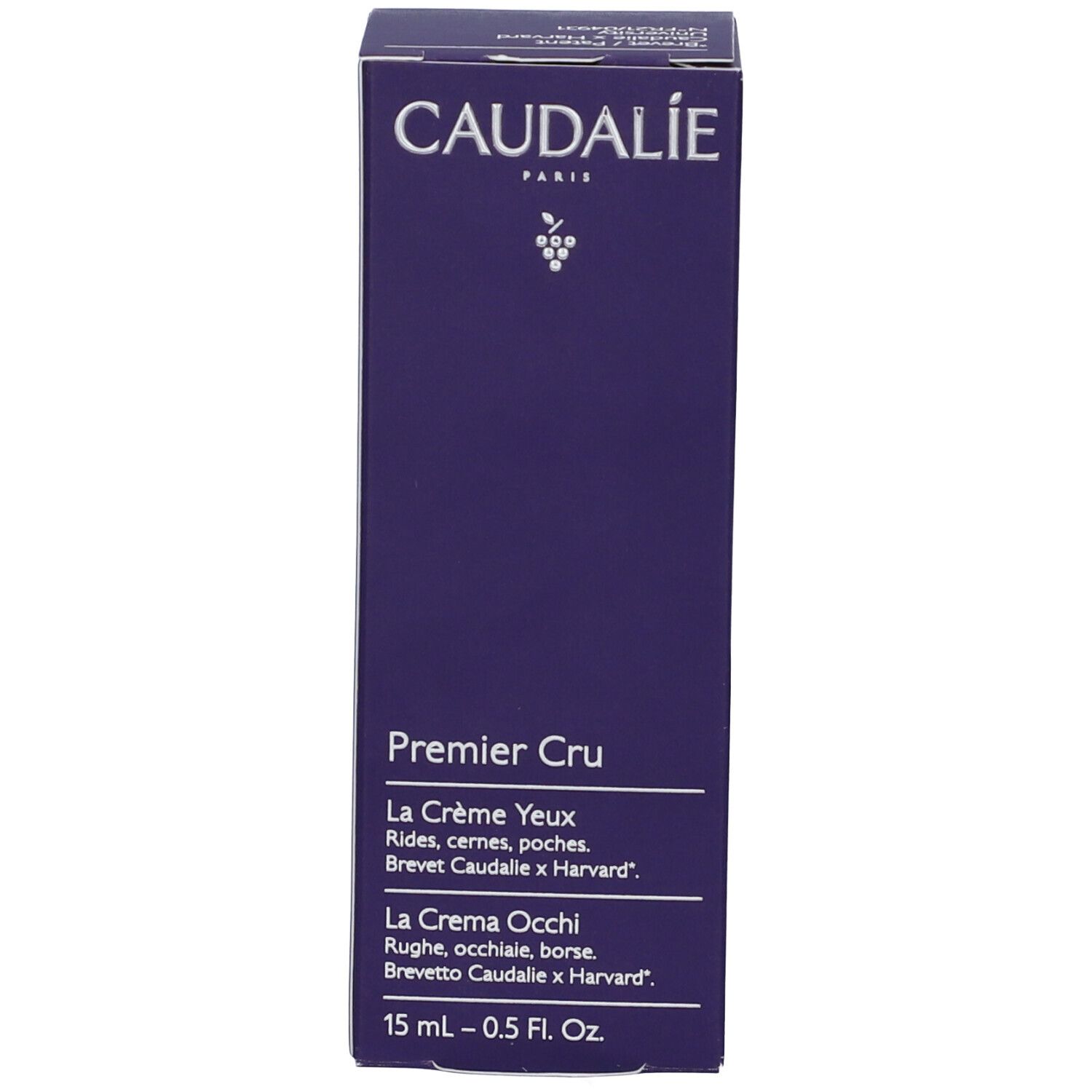 Caudalie Premier Cru La Crème Yeux Schachtel. Text, 15 ml. Violett.