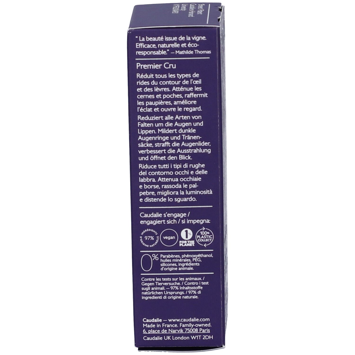 Caudalie Premier Cru La Crème Yeux Schachtel. Text, Logos, 97% natürliche Inhaltsstoffe. Violett.