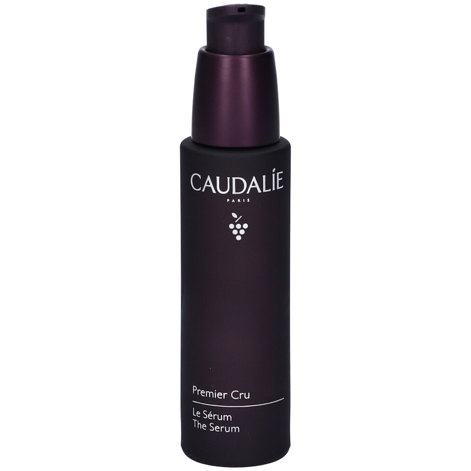Dunkelviolette Flasche mit Pumpe. Caudalie-Logo und Produktbezeichnung. Flasche mit Serum.