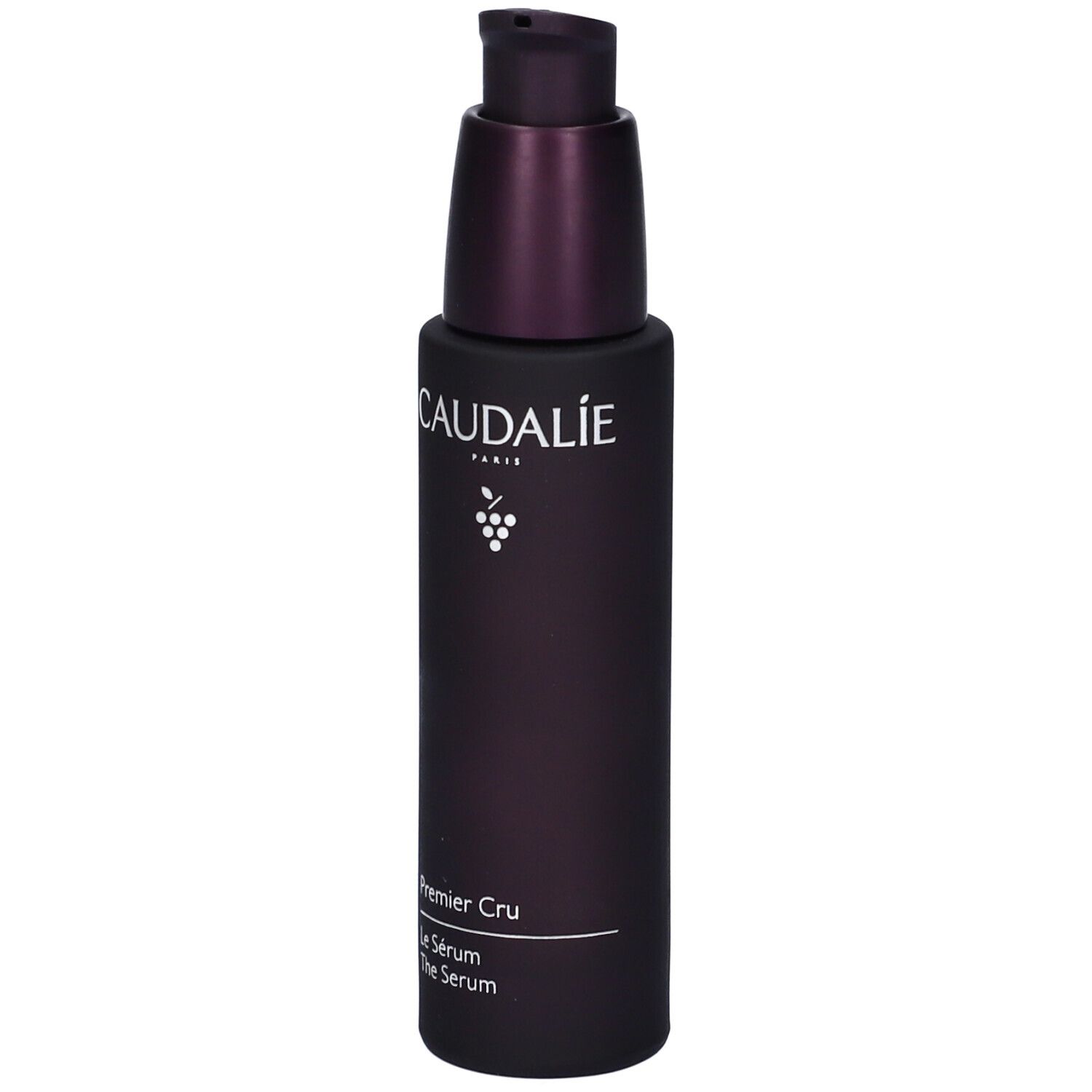 Dunkelviolette Flasche mit Pumpe. Caudalie-Logo und Produktbezeichnung. Flasche mit Serum.