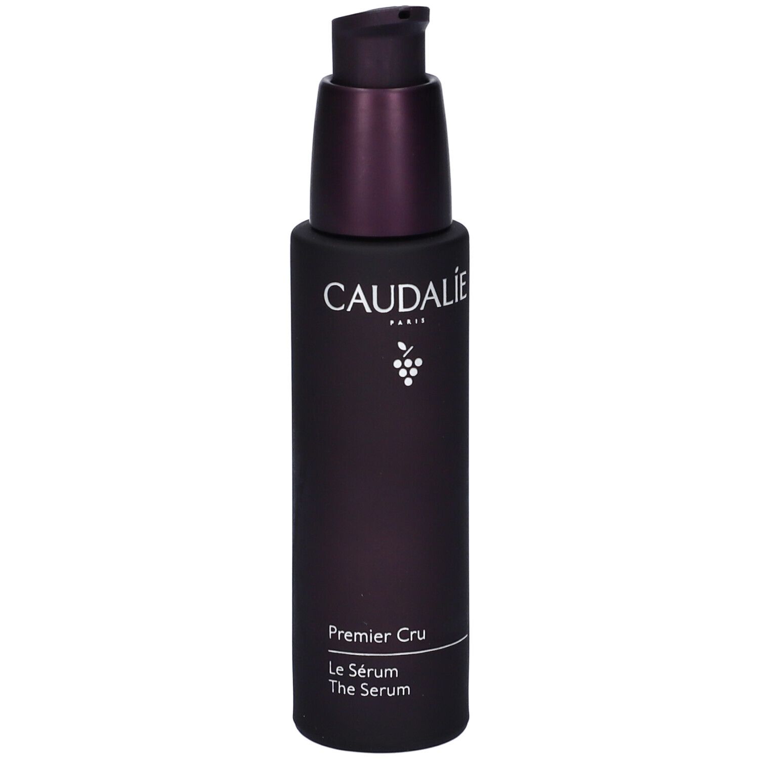 Dunkelviolette Flasche mit Pumpe. Caudalie-Logo und Produktbezeichnung. Flasche mit Serum.