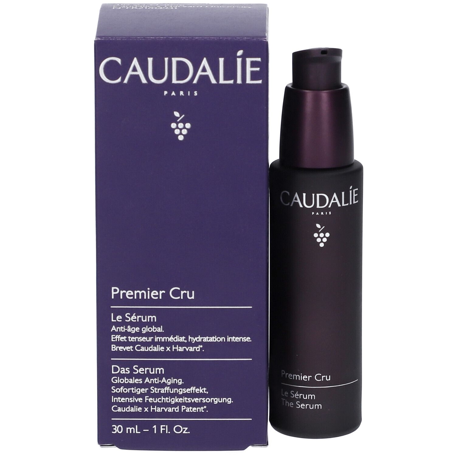 Produktflasche und Schachtel. Caudalie Premier Cru Le Sérum. Schachtel mit Produktinformationen.