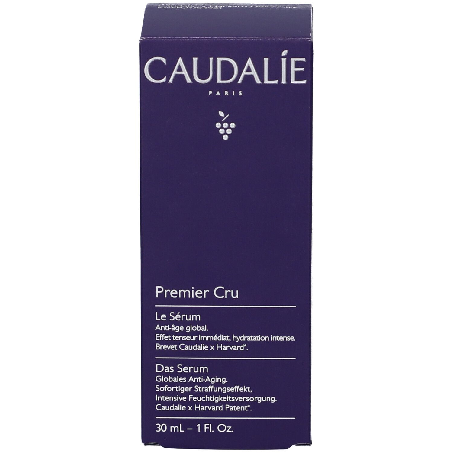Produktverpackung. Caudalie Premier Cru Le Sérum. Text auf der Verpackung.