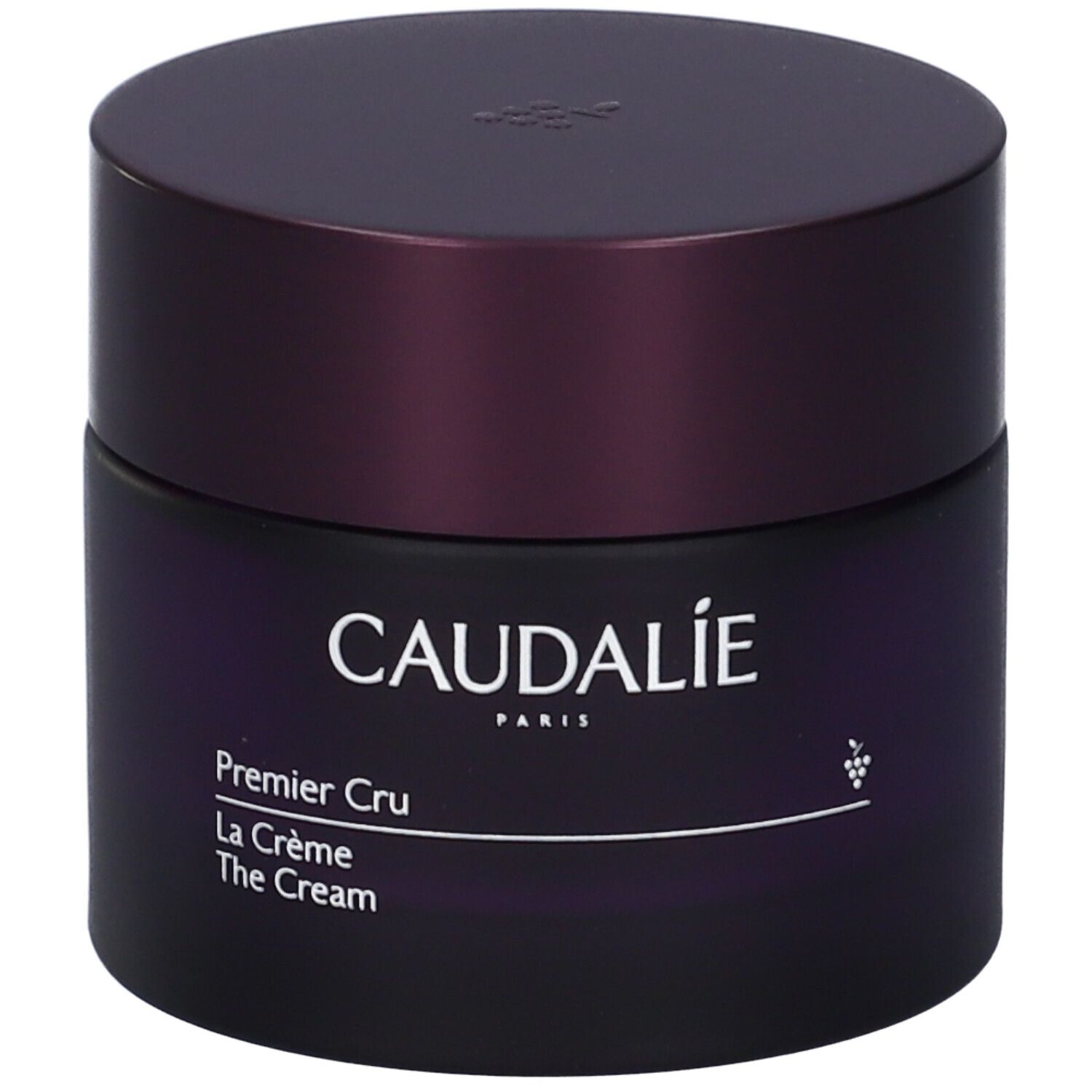 Dunkelviolettes Tiegel mit Deckel. Aufschrift: CAUDALIE PARIS, Premier Cru La Crème The Cream. Trauben-Symbol.
