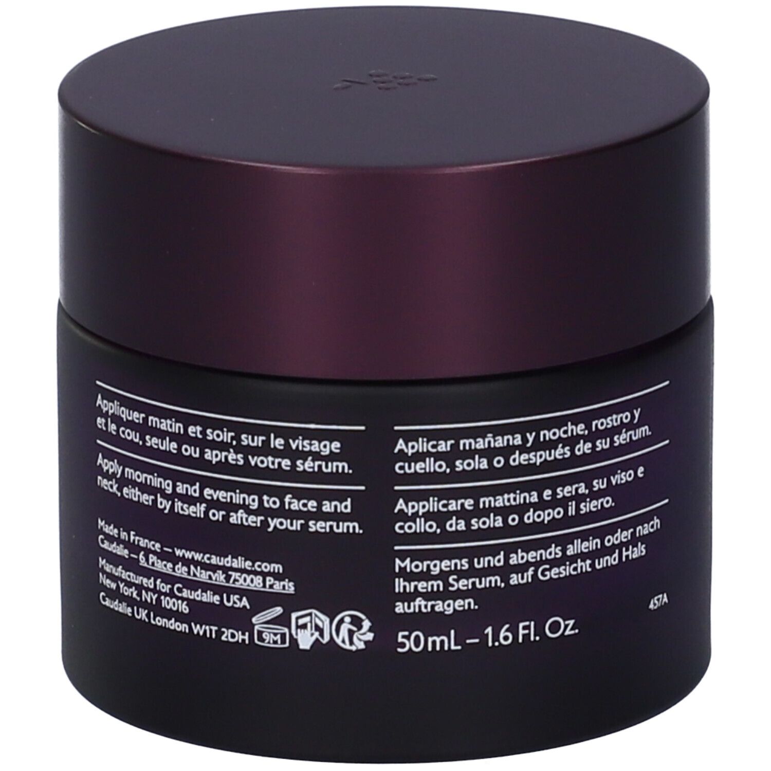 Dunkelviolettes Tiegel mit Deckel. Aufschrift: CAUDALIE PARIS. Text in mehreren Sprachen. 50ml - 1.6 Fl. Oz.