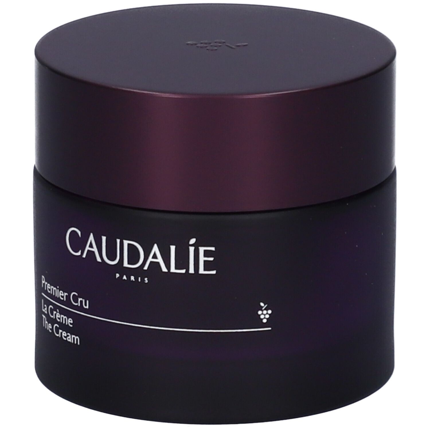 Dunkelviolettes Tiegel mit Deckel. Aufschrift: CAUDALIE PARIS, Premier Cru La Crème The Cream. Trauben-Symbol.