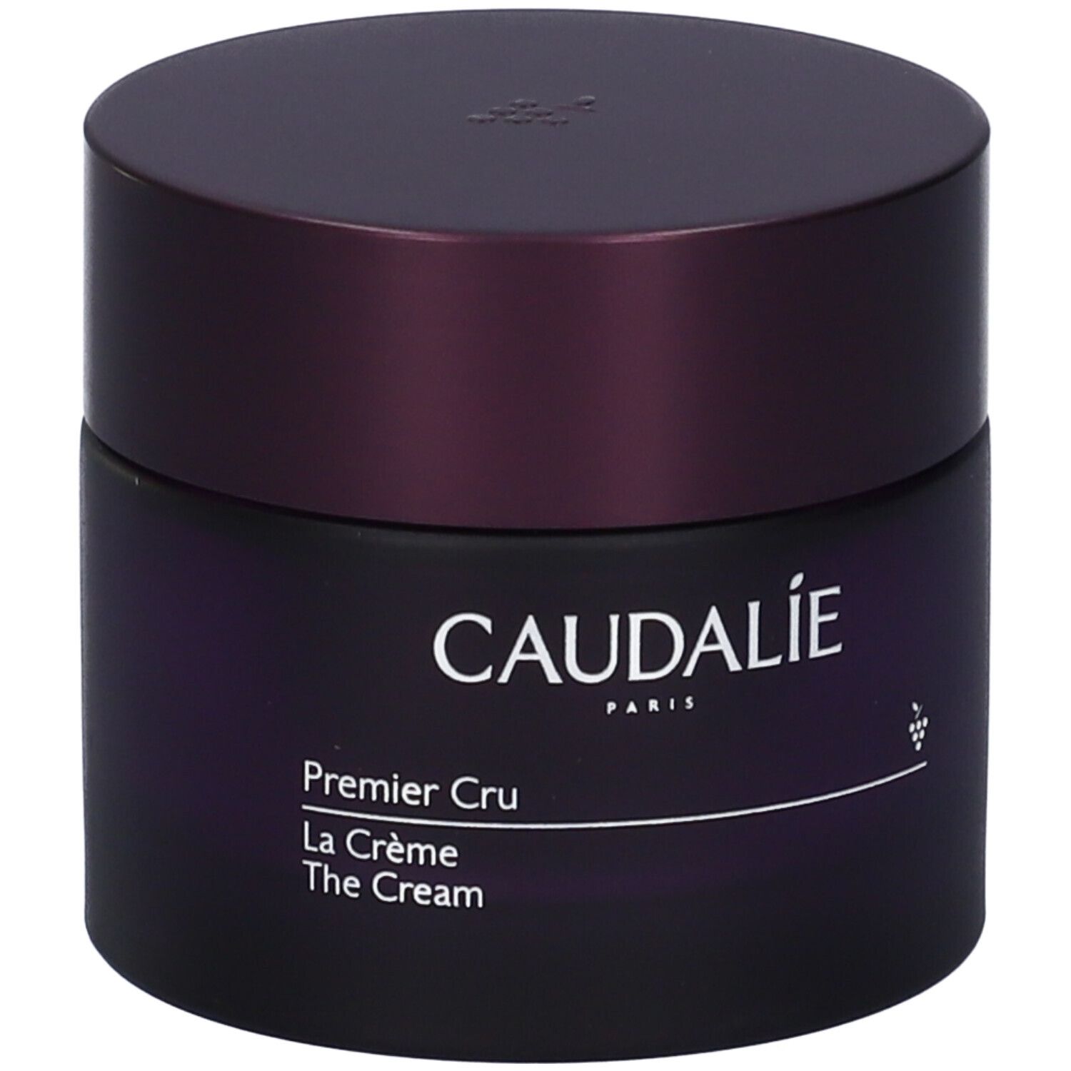 Dunkelviolettes Tiegel mit Deckel. Aufschrift: CAUDALIE PARIS, Premier Cru La Crème The Cream. Trauben-Symbol.