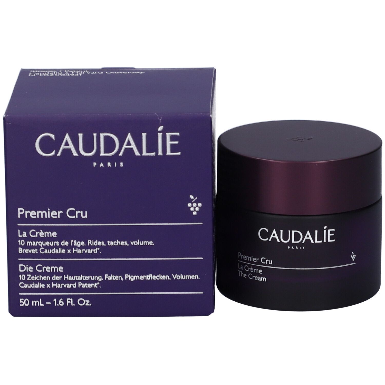 Produktverpackung und Tiegel. Aufschrift: CAUDALIE PARIS, Premier Cru La Crème. 50 ml - 1.6 Fl. Oz. Box und Tiegel.