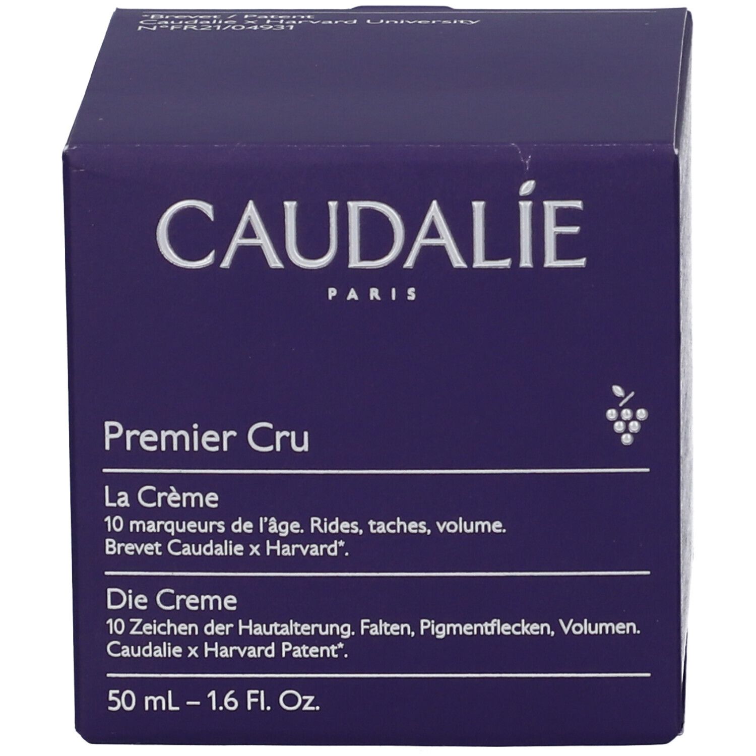 Produktverpackung. Aufschrift: CAUDALIE PARIS, Premier Cru La Crème. 50 ml - 1.6 Fl. Oz. Text in mehreren Sprachen.