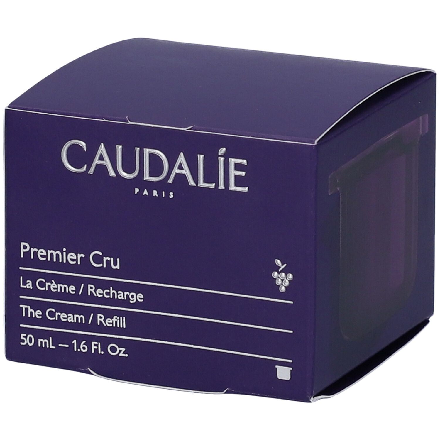 Dunkelblaue Kartonverpackung mit Produktnamen und -details. Caudalie-Logo oben. Premier Cru, La Crème/Recharge, The Cream/Refill. 50 ml - 1.6 Fl. Oz.