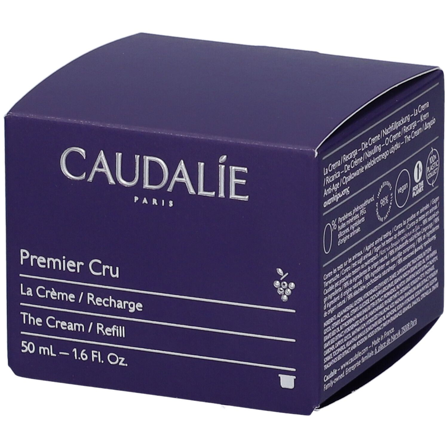 Dunkelblaue Kartonverpackung mit Produktnamen und -details. Caudalie-Logo oben. Premier Cru, La Crème/Recharge, The Cream/Refill. 50 ml - 1.6 Fl. Oz.