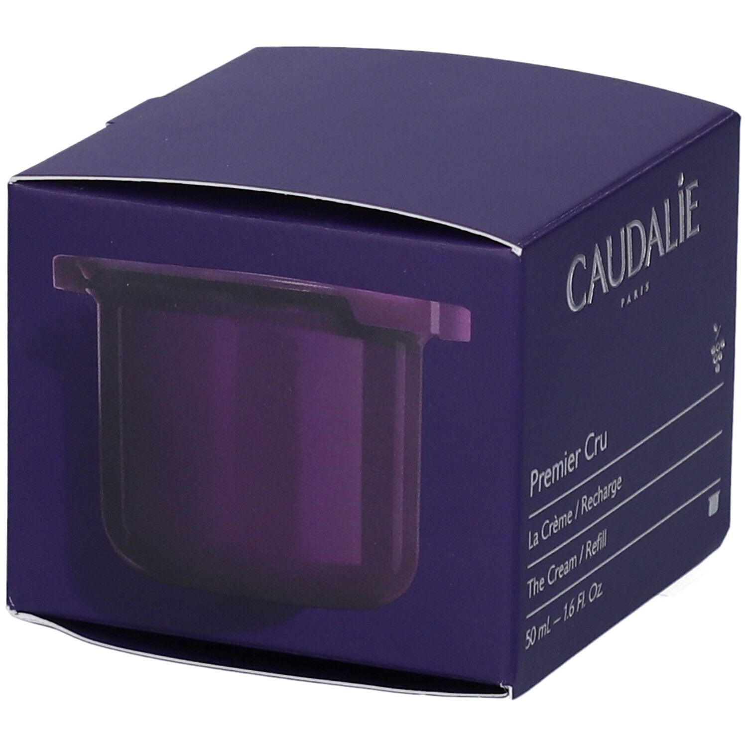 Dunkelblaue Kartonverpackung mit sichtbarem Produktbehälter. Caudalie-Logo. Premier Cru, La Crème/Recharge, The Cream/Refill. 50 ml - 1.6 Fl. Oz. Innenbehälter sichtbar.