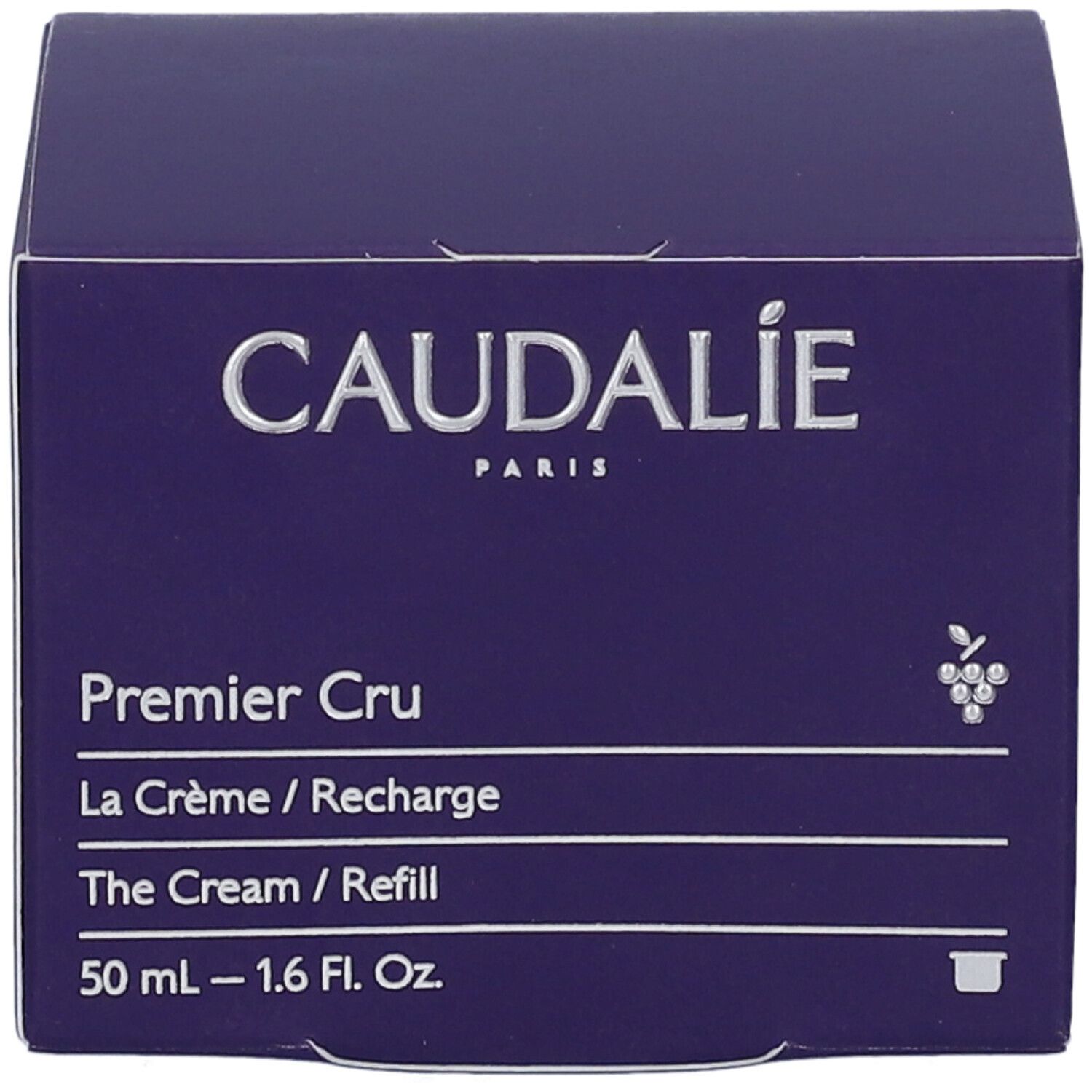 Dunkelblaue Kartonverpackung mit Produktnamen und -details. Caudalie-Logo oben. Premier Cru, La Crème/Recharge, The Cream/Refill. 50 ml - 1.6 Fl. Oz.