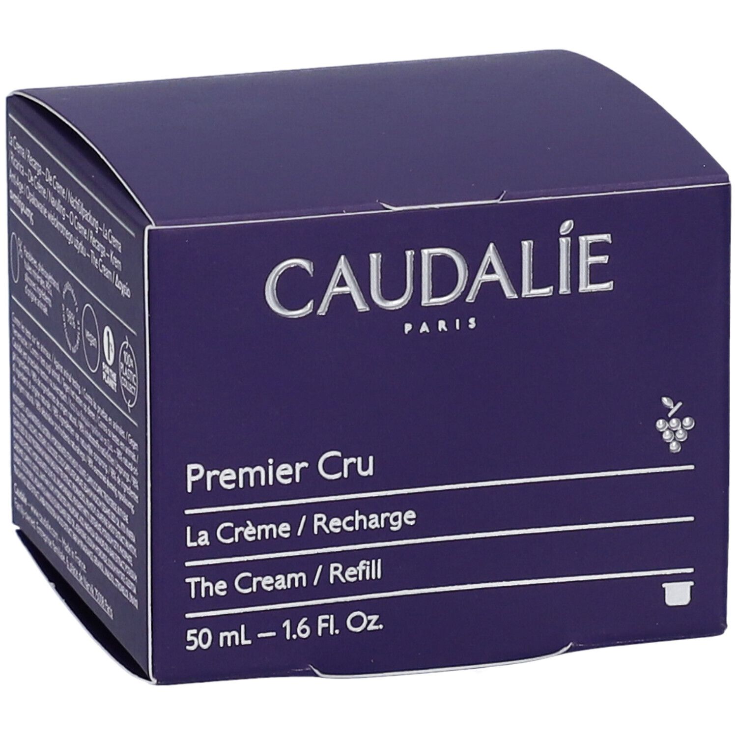 Dunkelblaue Kartonverpackung mit Produktnamen und -details. Caudalie-Logo oben. Premier Cru, La Crème/Recharge, The Cream/Refill. 50 ml - 1.6 Fl. Oz.