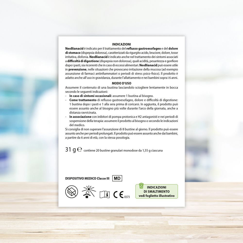 Rückseite der Neobianacid-Verpackung. Indikationen, Anwendung und Dosierung. Medizinprodukt-Kennzeichnung.