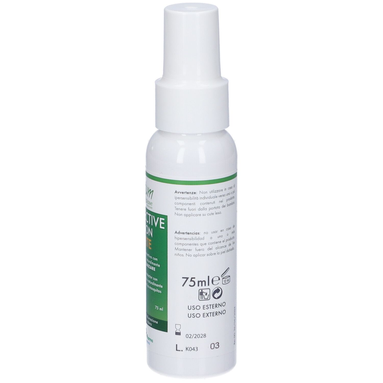 Rückseite einer weißen Sprühflasche mit grünem Etikett, die 75 ml und Anwendungshinweise zeigt.