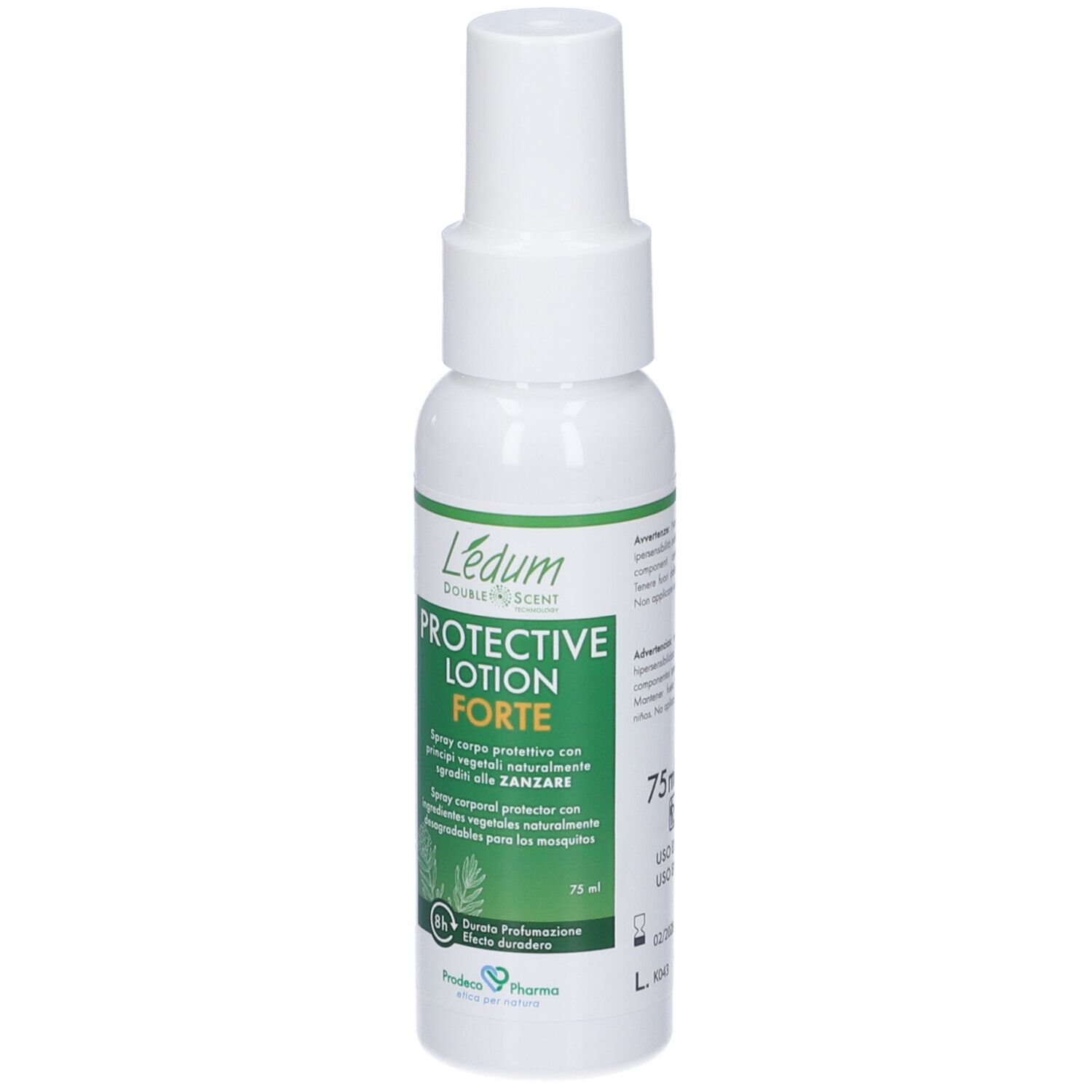 Weiße Sprühflasche mit grünem Etikett für Ledum Protective Lotion Forte, 75 ml, mit Pflanzenabbildungen.