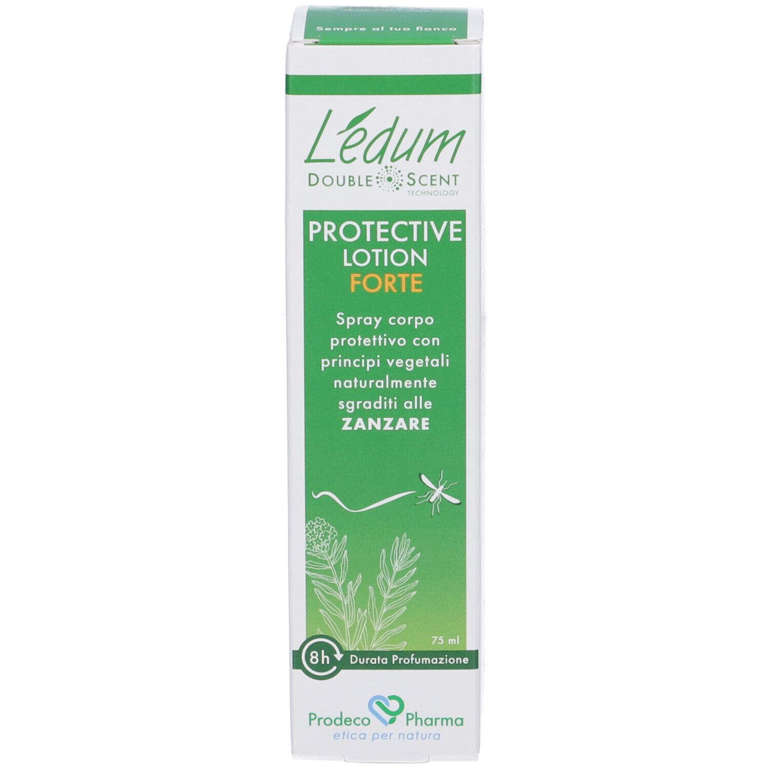 Verpackung für Ledum Protective Lotion Forte mit Pflanzenmotiven und 8h Schutzdauer.