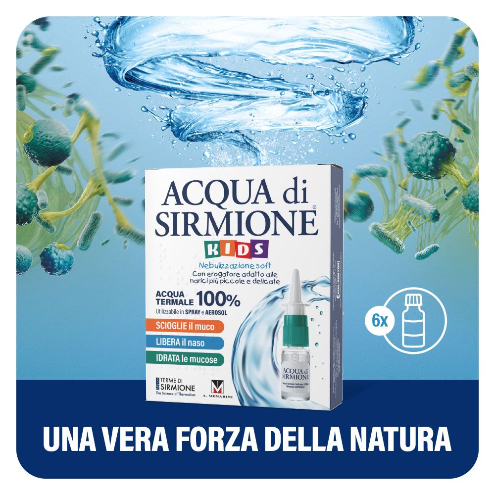 Produktverpackung mit Fläschchen. Aufschrift: Acqua di Sirmione Kids. Nebulizzazione soft. Sechs Fläschchen abgebildet.