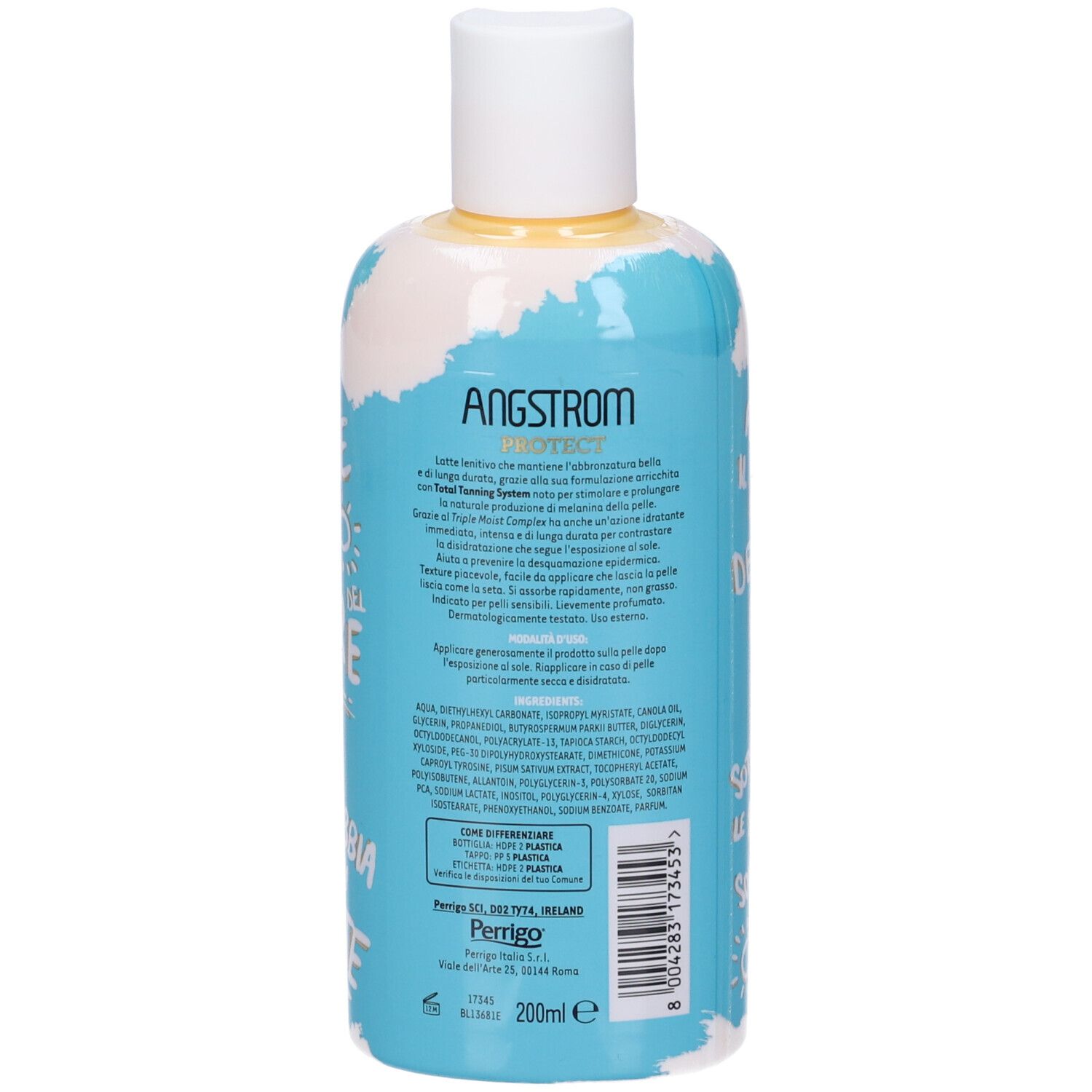 Rückseite der blauen Flasche mit weißem Deckel. Text: Angstrom Protect. Text mit Inhaltsstoffen und Herstellerinformationen.