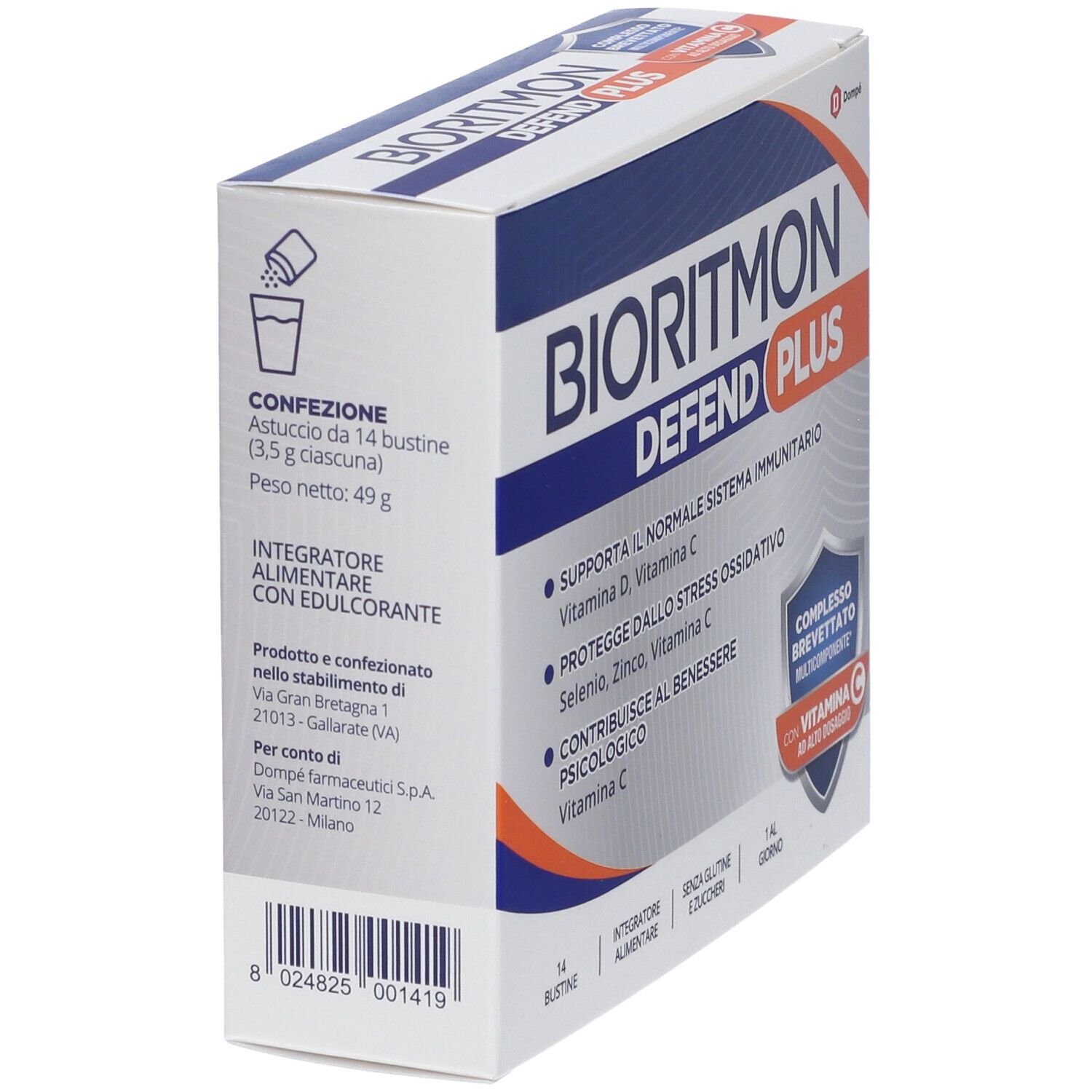 Schrägansicht der BIORITMON DEFEND PLUS Verpackung. Zeigt Produktinformationen, Logo und die Anzahl der Beutel.
