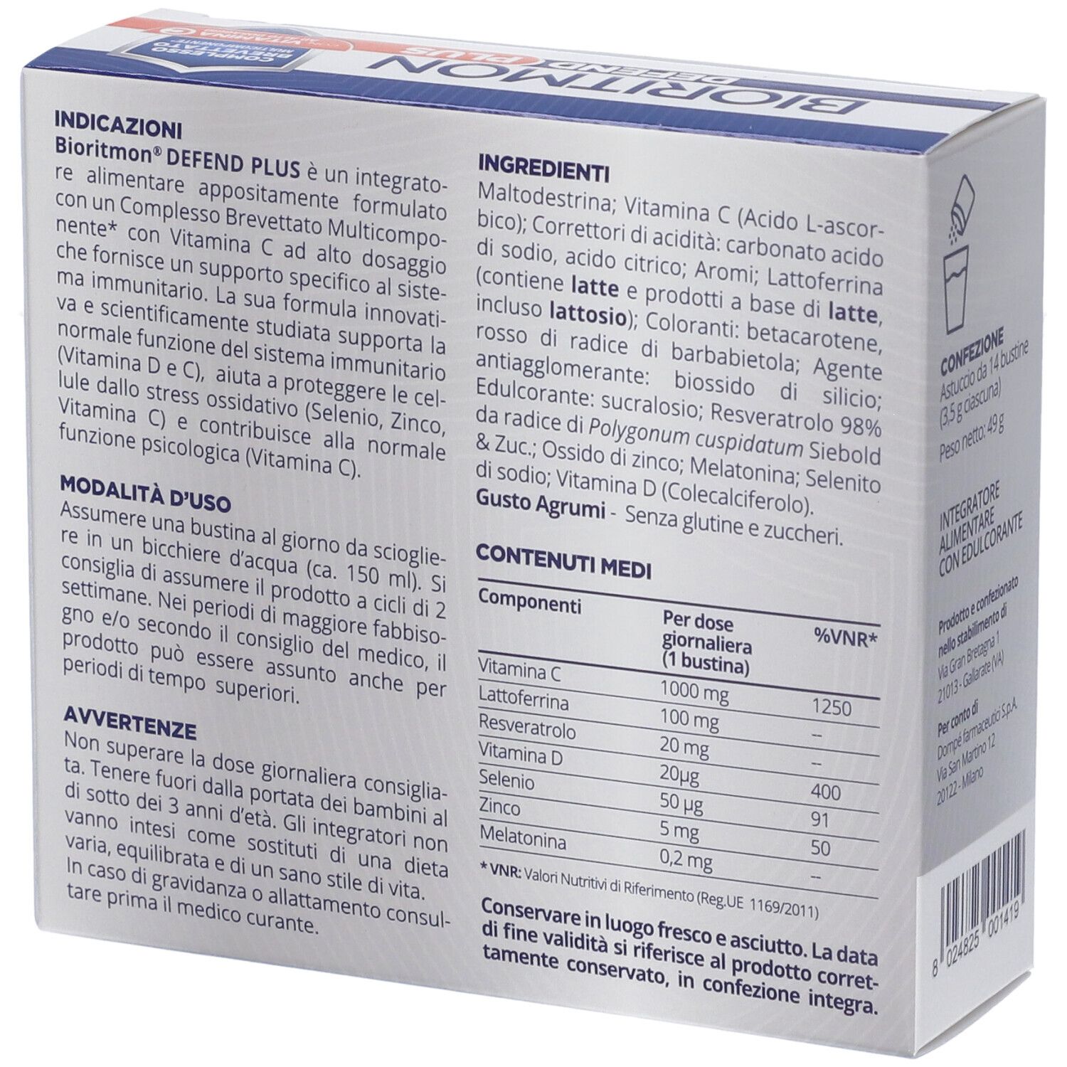 Rückseite der BIORITMON DEFEND PLUS Verpackung. Enthält Inhaltsstoffe, Anwendungshinweise und Nährwertangaben.