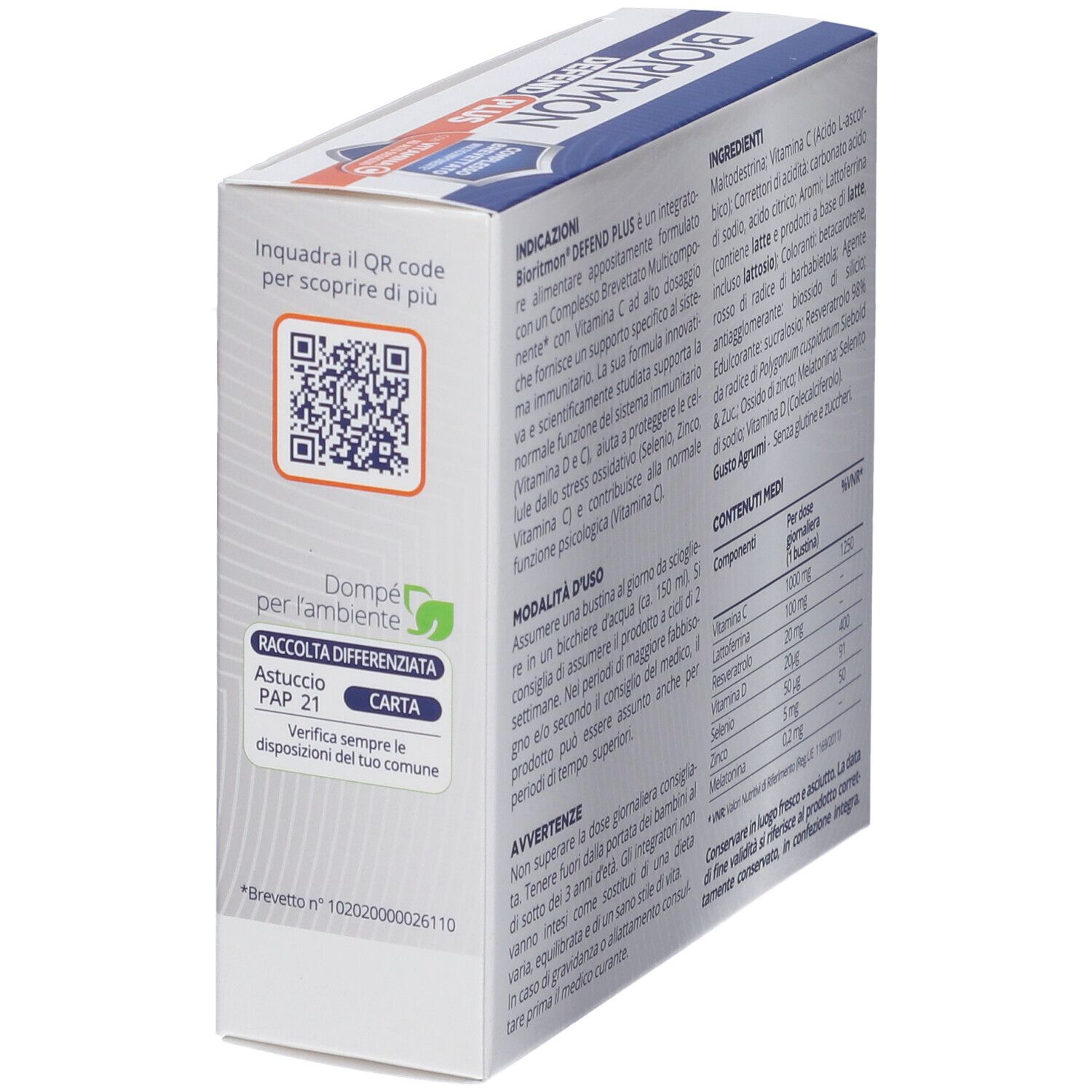 Rückseite der BIORITMON DEFEND PLUS Verpackung. QR-Code, Recycling-Hinweis und Herstellerinformationen.