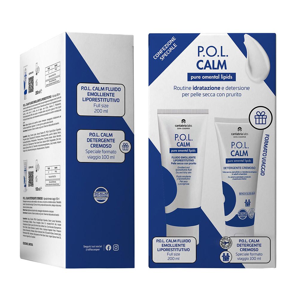 Confezione P.O.L. Calm con Fluido Emolliente Liporestitutivo e Detergente Cremoso. Colori bianco e blu.
