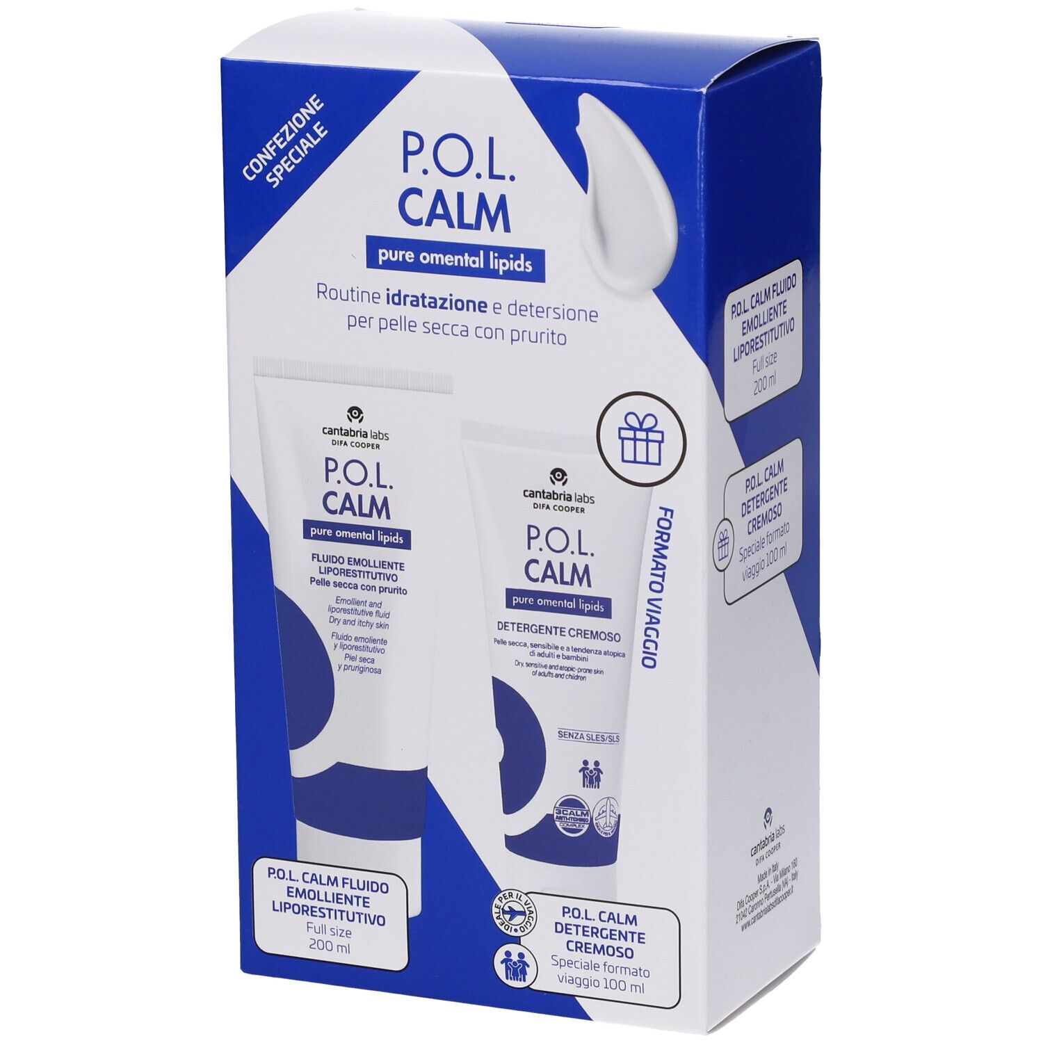 Confezione P.O.L. Calm con Fluido Emolliente Liporestitutivo e Detergente Cremoso. Design blu e bianco.