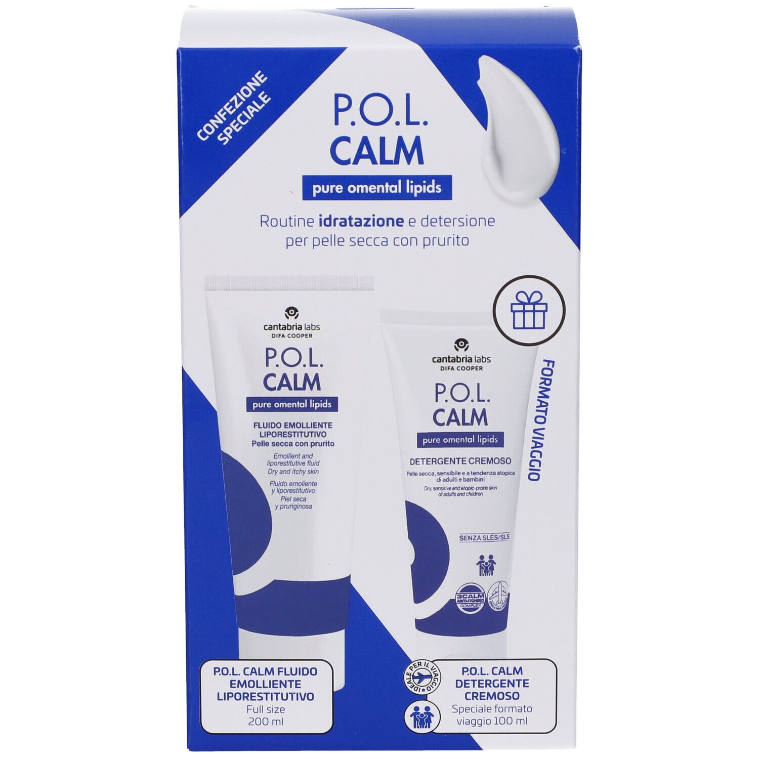Confezione P.O.L. Calm con Fluido Emolliente Liporestitutivo e Detergente Cremoso. Design blu e bianco.