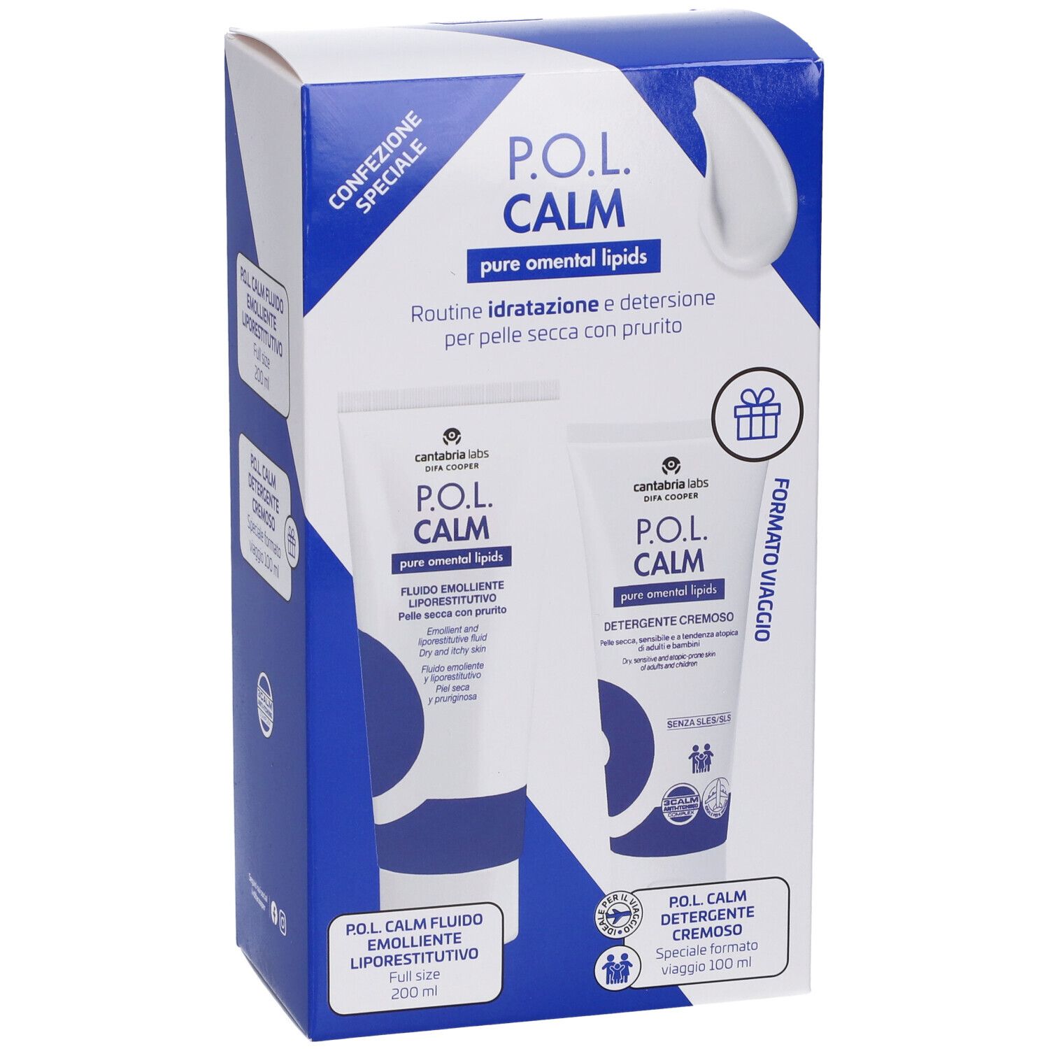 Confezione P.O.L. Calm con Fluido Emolliente Liporestitutivo e Detergente Cremoso. Design blu e bianco.