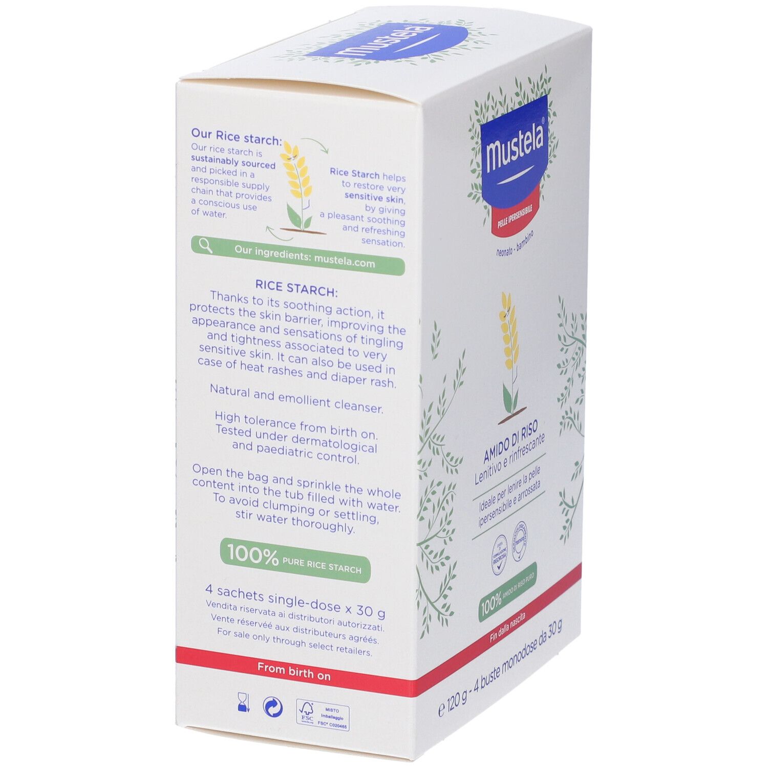 Mustela Reisstärke-Packung mit 4 Einzelportionen à 30g. Enthält 100% reine Reisstärke.