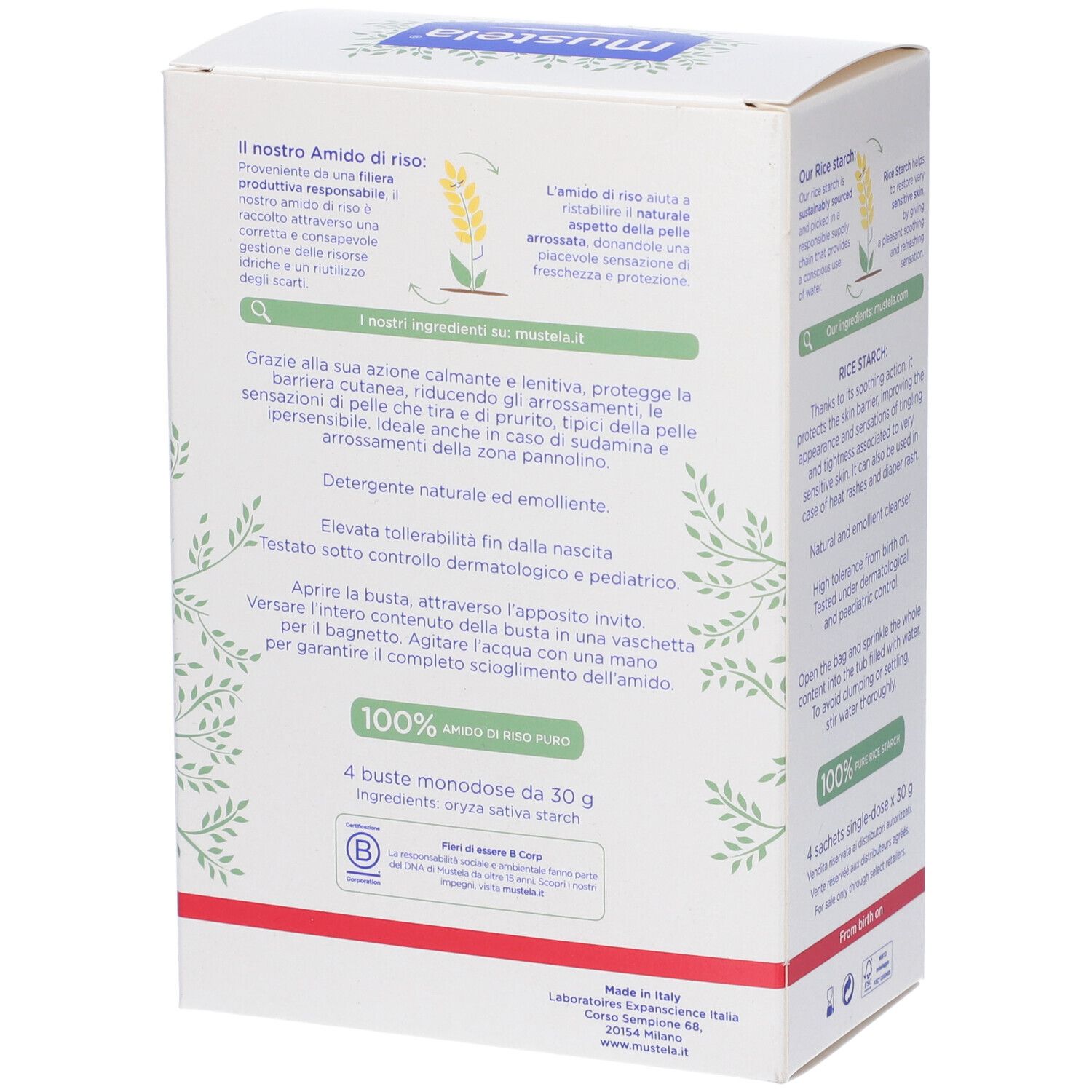 Packung mit 4 Beuteln Reisstärke-Pulver für Babybäder. 100% reiner Reisstärke.