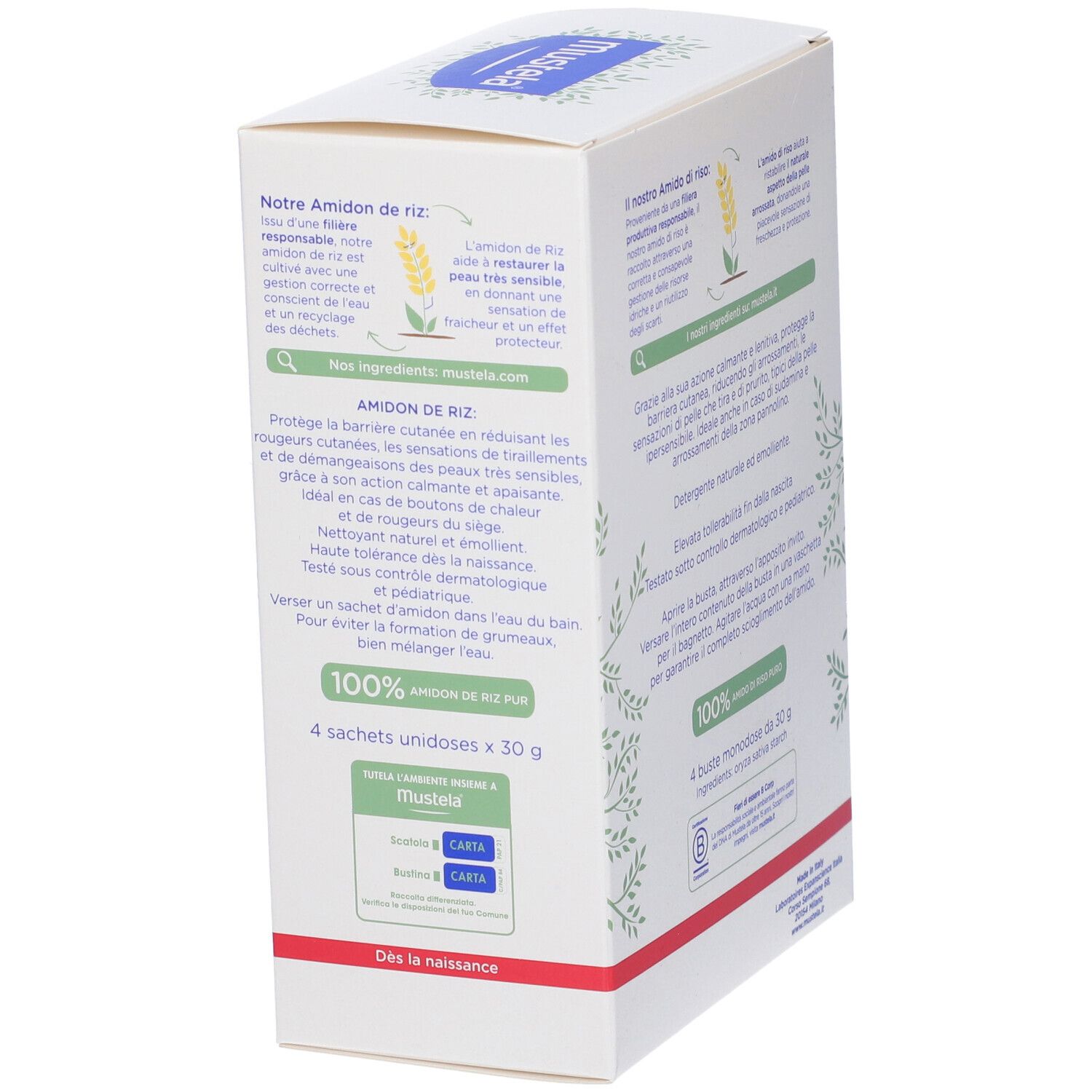 Verpackung mit 4 Beuteln Reisstärke, 30g pro Beutel. Enthält Text über Inhaltsstoffe und Anwendung.