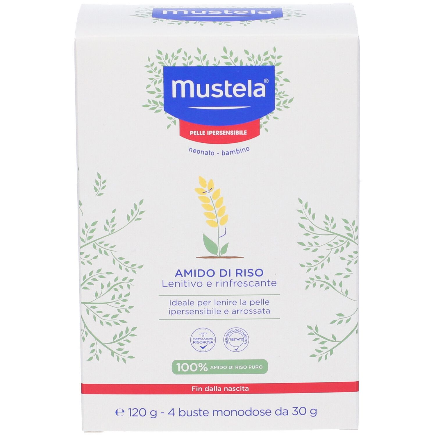 Mustela Reisstärke Pulver für empfindliche Babyhaut, 120g in 4 Beuteln.