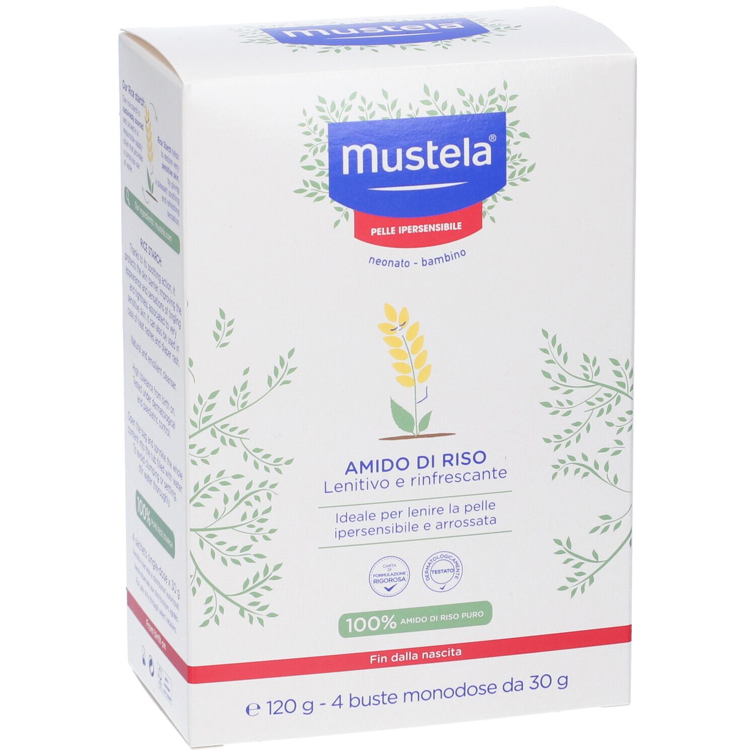 Mustela Reisstärke Pulver für empfindliche Babyhaut, 120g in 4 Beuteln.