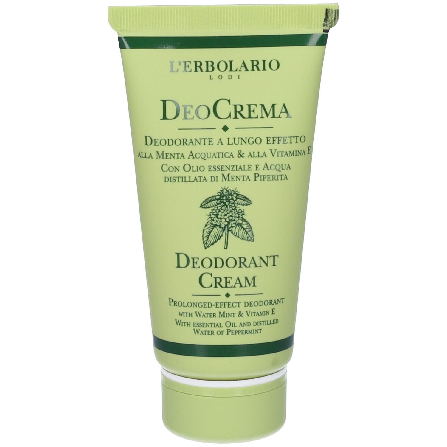 Tubo verde con scritta DeoCrema. Testo in italiano. Motivo menta. Tappo verde.