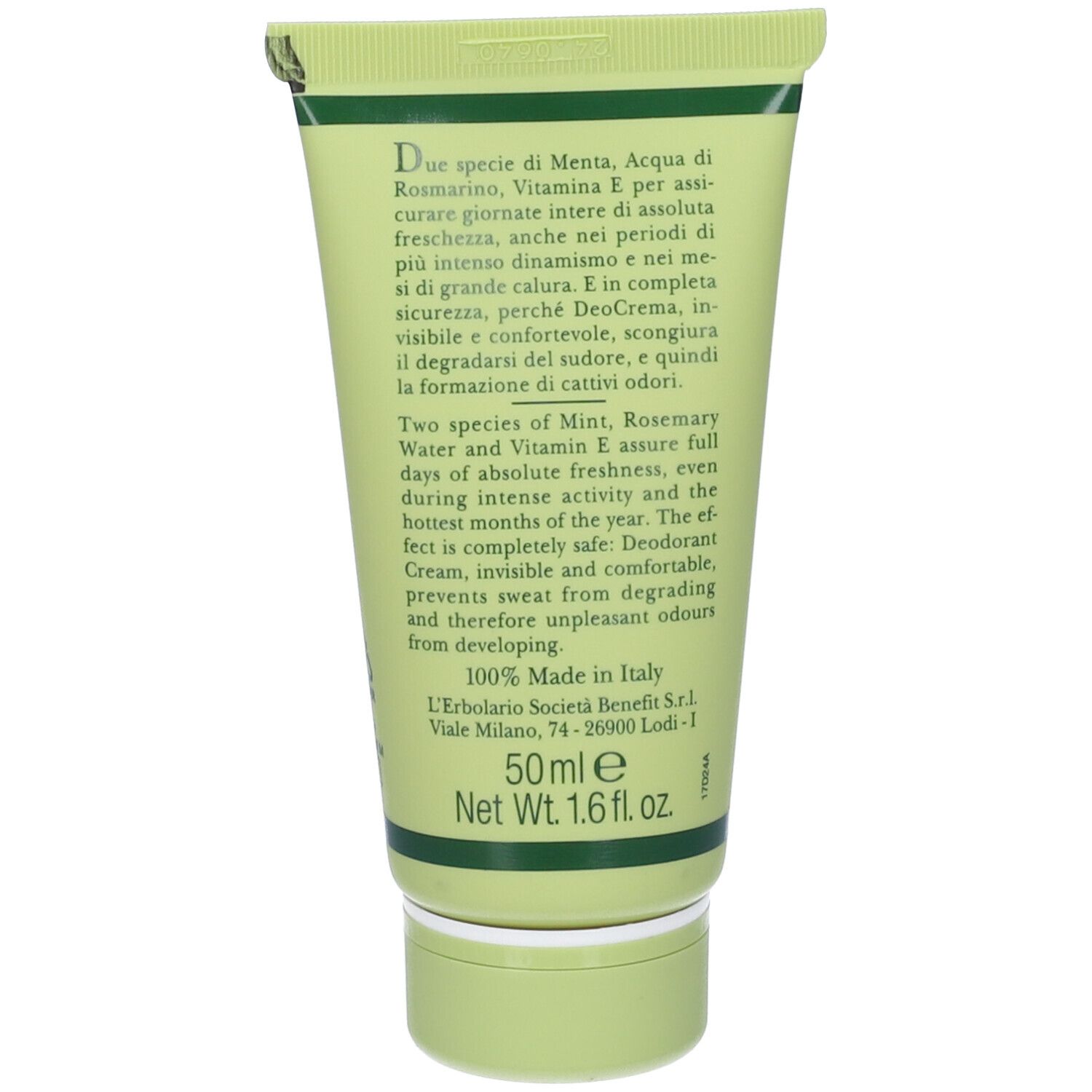 Retro del tubo verde. Testo in italiano e inglese. 50ml. Fatto in Italia.