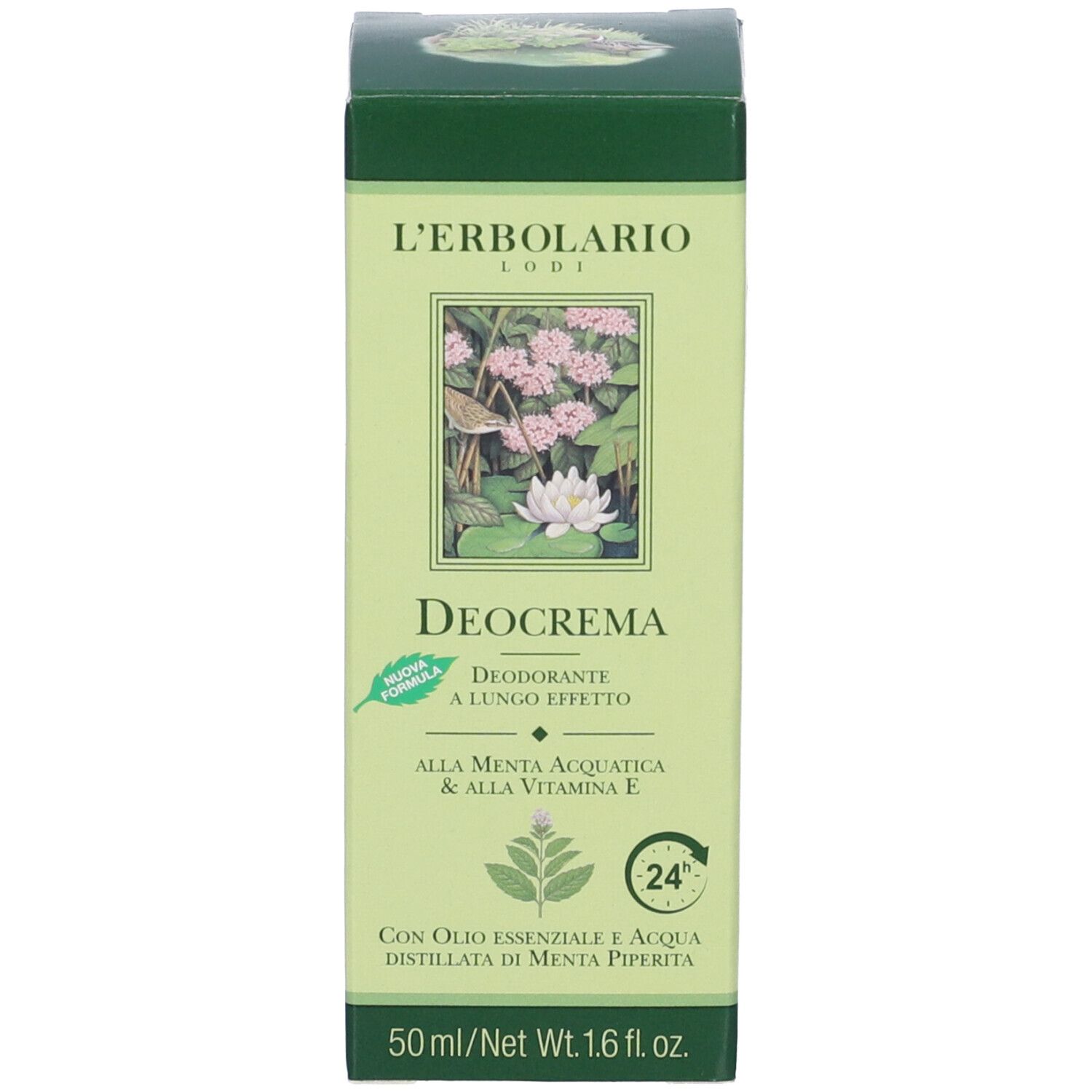 Scatola verde con nome del prodotto e motivo menta. Testo in italiano e inglese. 50 ml.