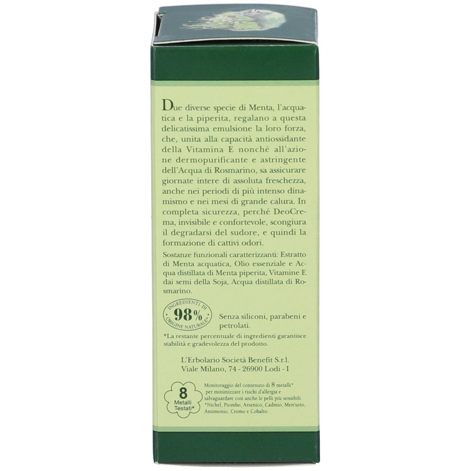 Retro della scatola verde. Testo in italiano e inglese. 98% ingredienti naturali.