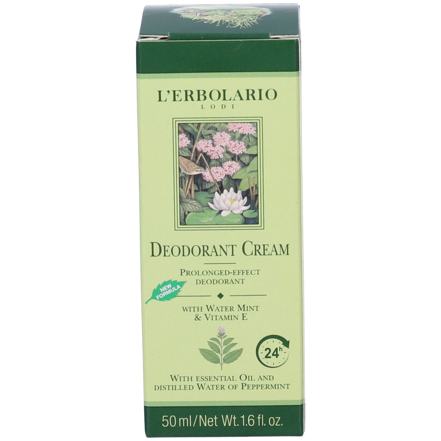 Fronte della scatola verde. Nome del prodotto e motivo menta. Testo in italiano e inglese. 50 ml.