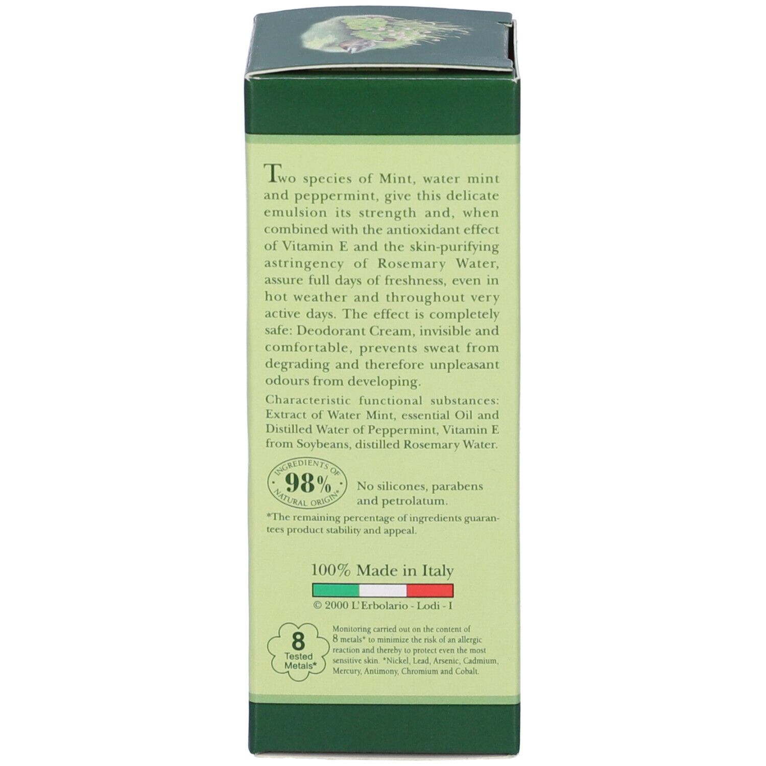 Retro della scatola verde. Testo in italiano e inglese. 100% Made in Italy. Testato 8 volte.