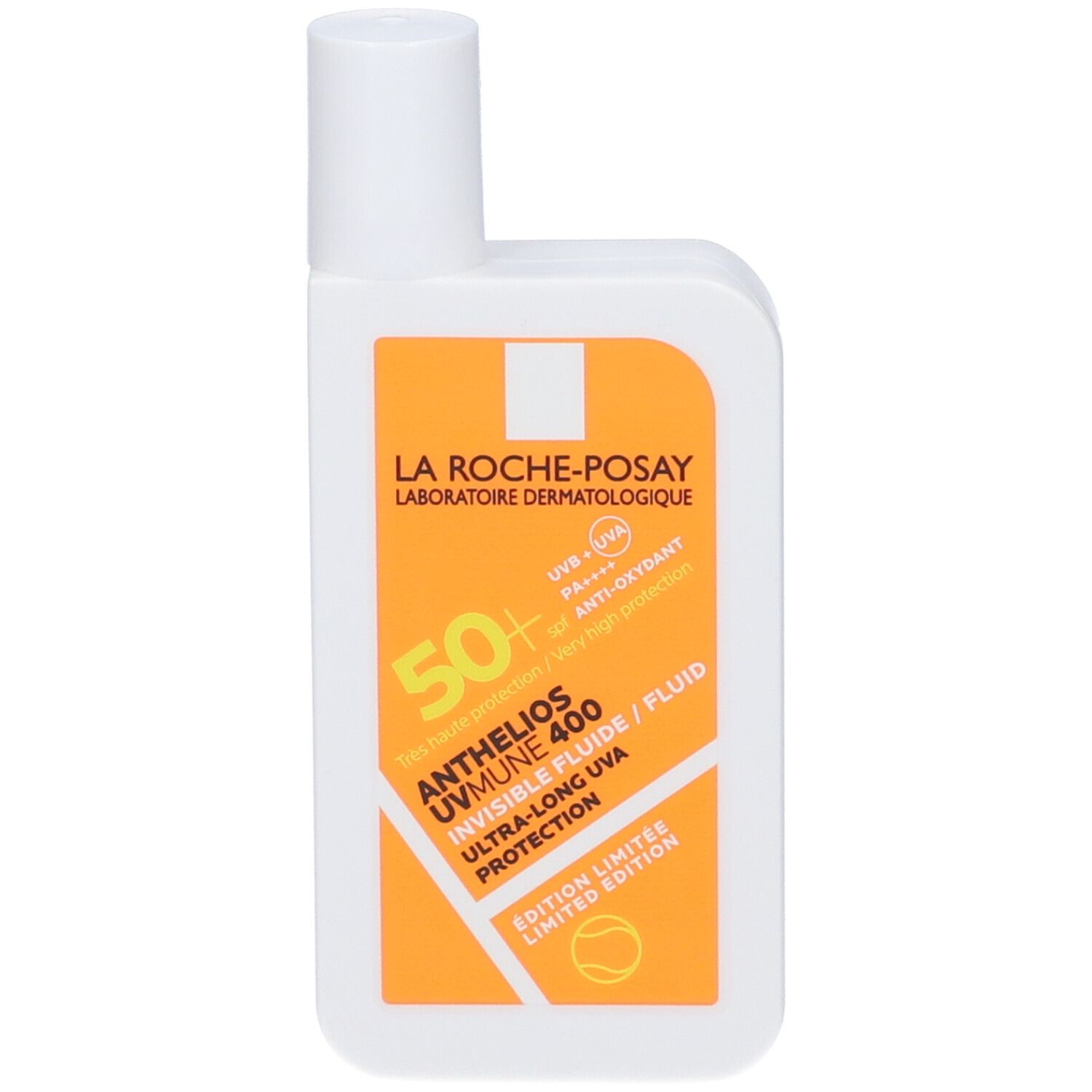 La Roche-Posay Anthelios UVMUNE 400 Fluid. Weiße Flasche mit orangefarbenem Etikett. SPF 50+ und Produktnamen.