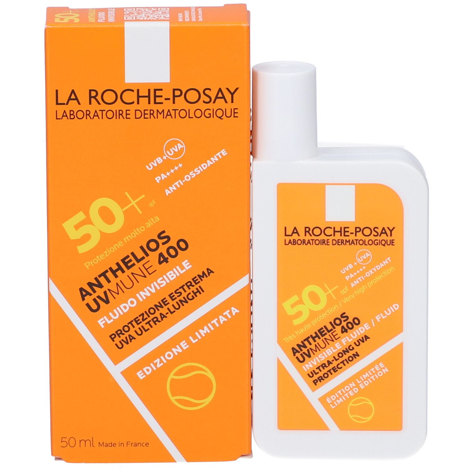 La Roche-Posay Anthelios UVMUNE 400 Fluid und Verpackung. Orangefarbene Schachtel. SPF 50+.